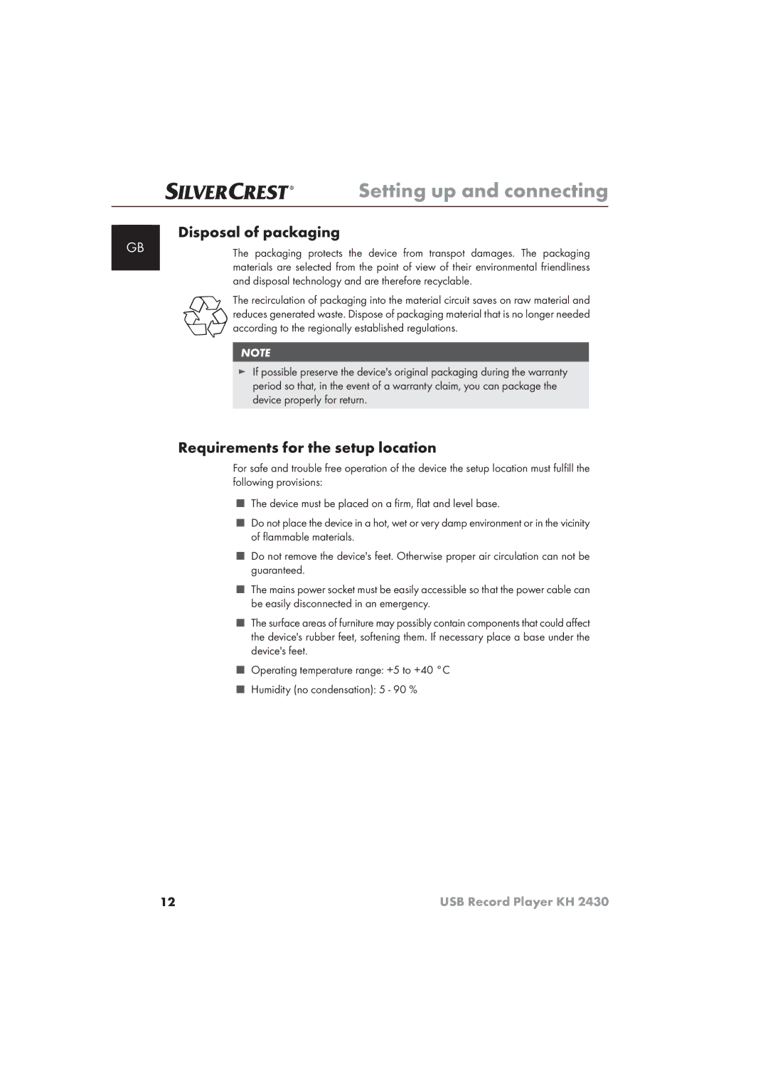 Silvercrest KH 2430 manual Disposal of packaging, Requirements for the setup location 