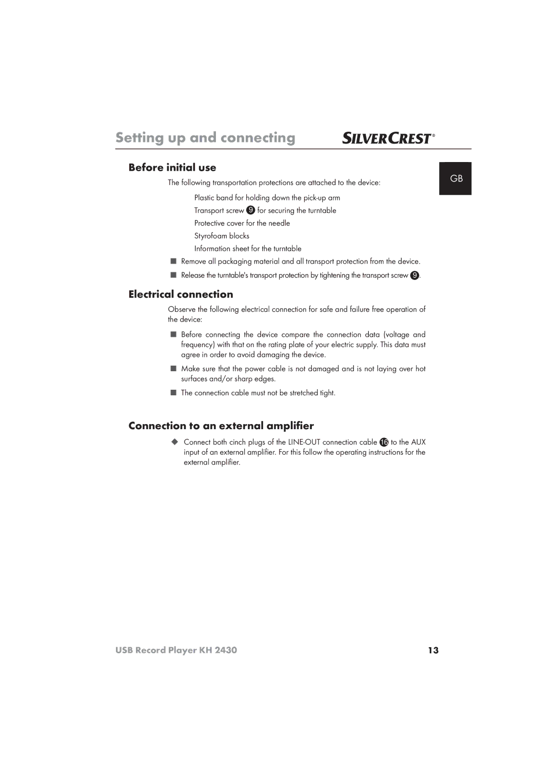 Silvercrest KH 2430 manual Before initial use, Electrical connection, Connection to an external ampliﬁer 