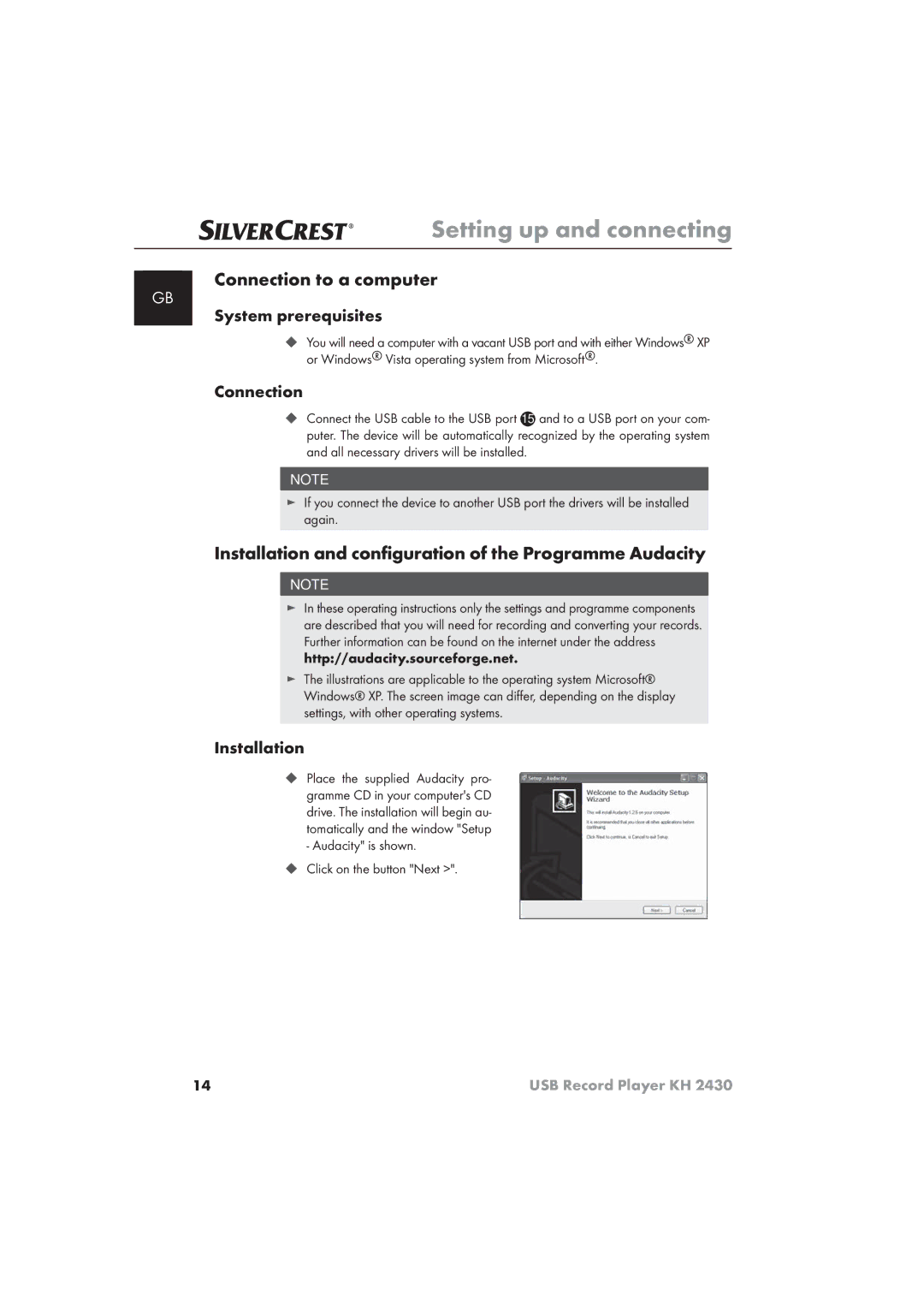 Silvercrest KH 2430 manual Connection to a computer, Installation and conﬁguration of the Programme Audacity 