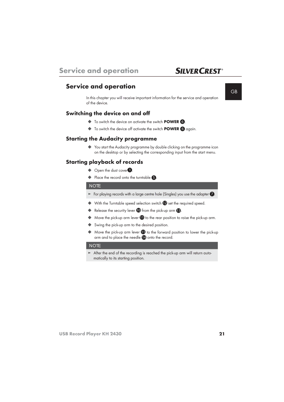 Silvercrest KH 2430 manual Service and operation, Switching the device on and oﬀ, Starting the Audacity programme 