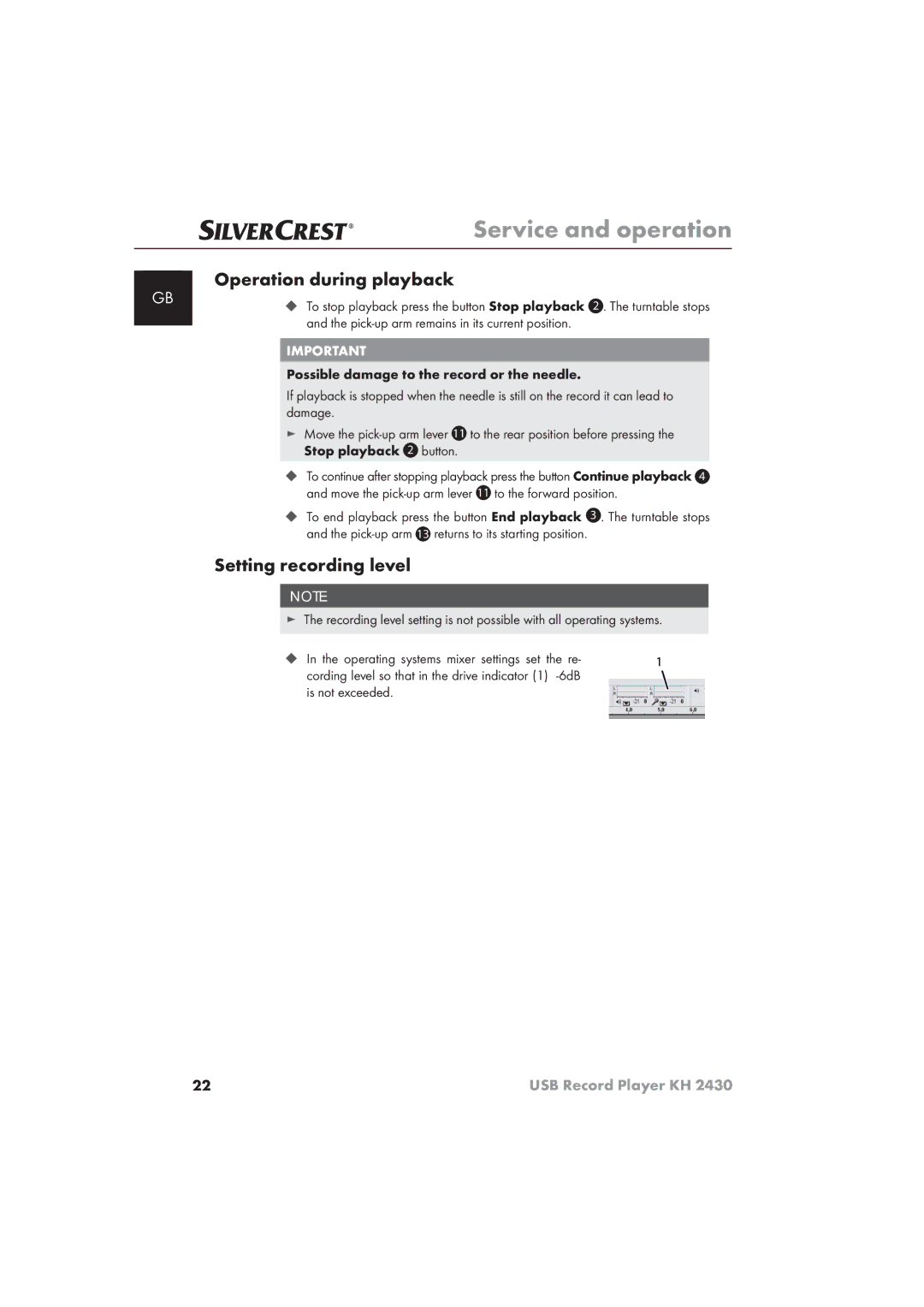 Silvercrest KH 2430 manual Operation during playback, Setting recording level 