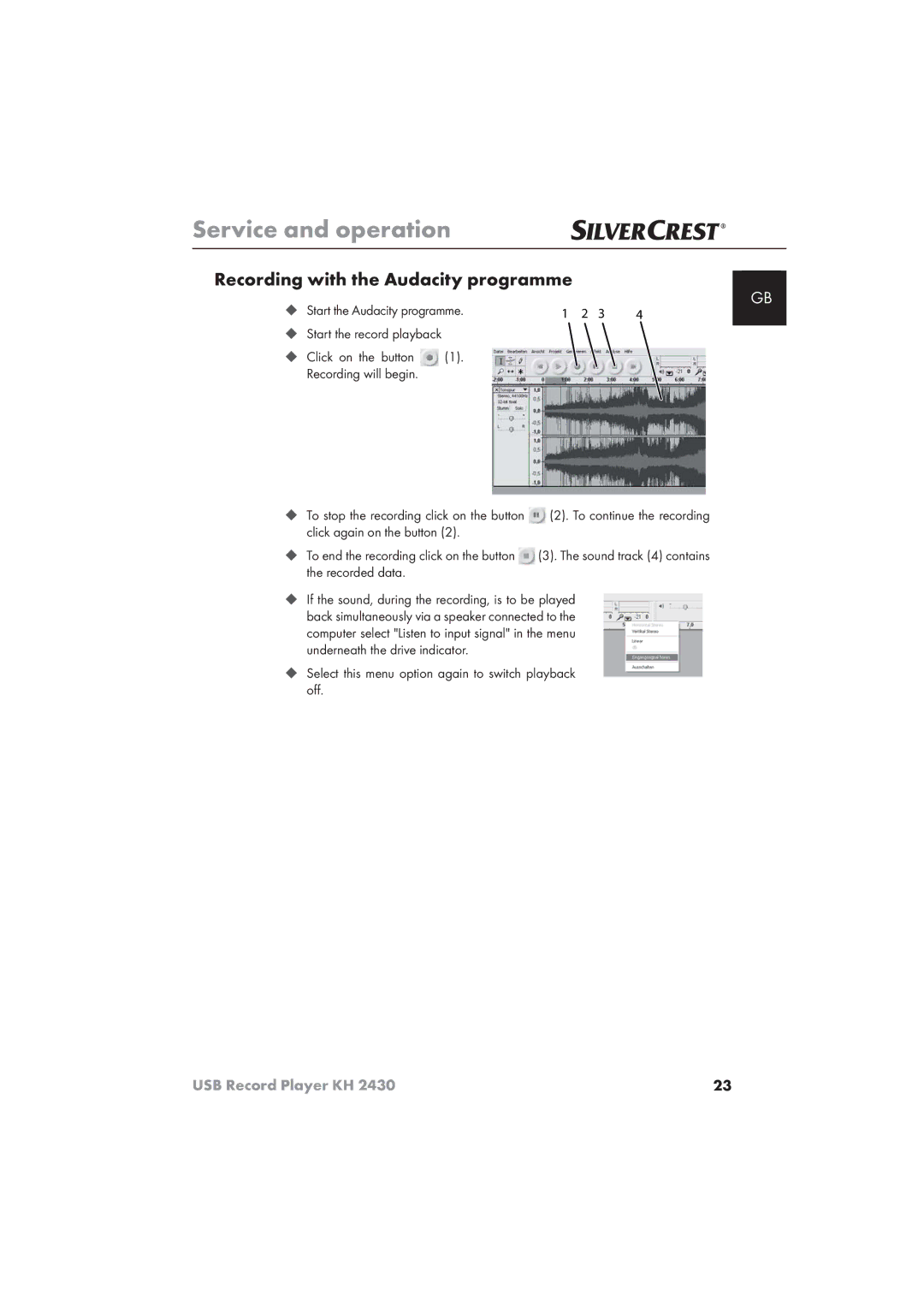 Silvercrest KH 2430 manual Recording with the Audacity programme, ‹ Start the Audacity programme 