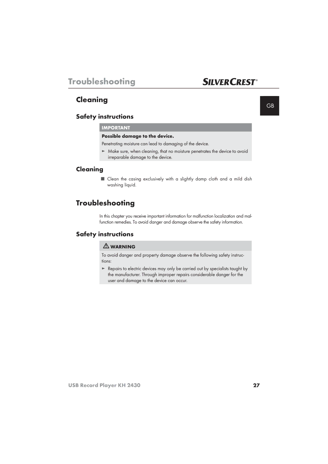 Silvercrest KH 2430 manual Troubleshooting, Cleaning 