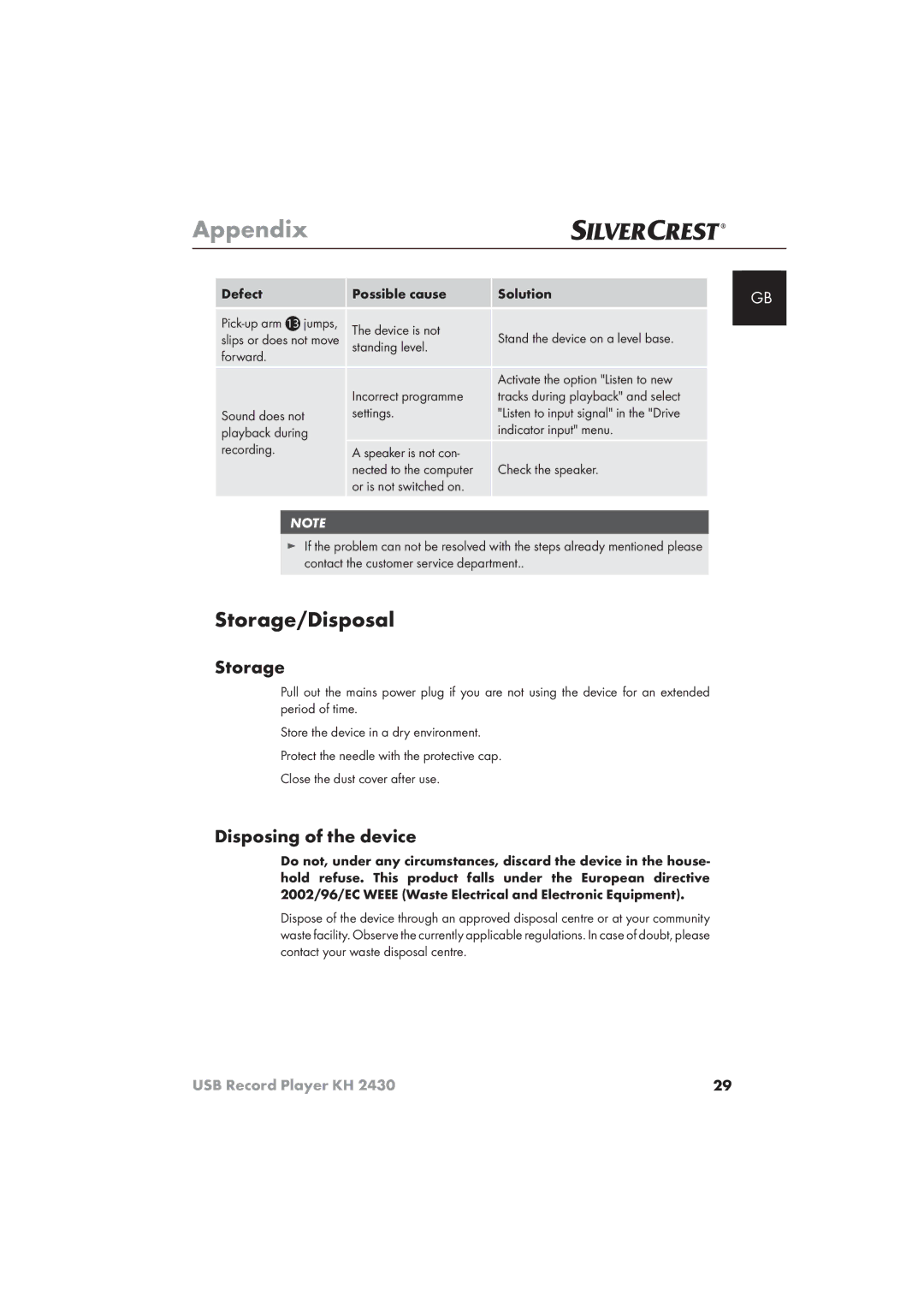 Silvercrest KH 2430 manual Appendix, Storage/Disposal, Disposing of the device 