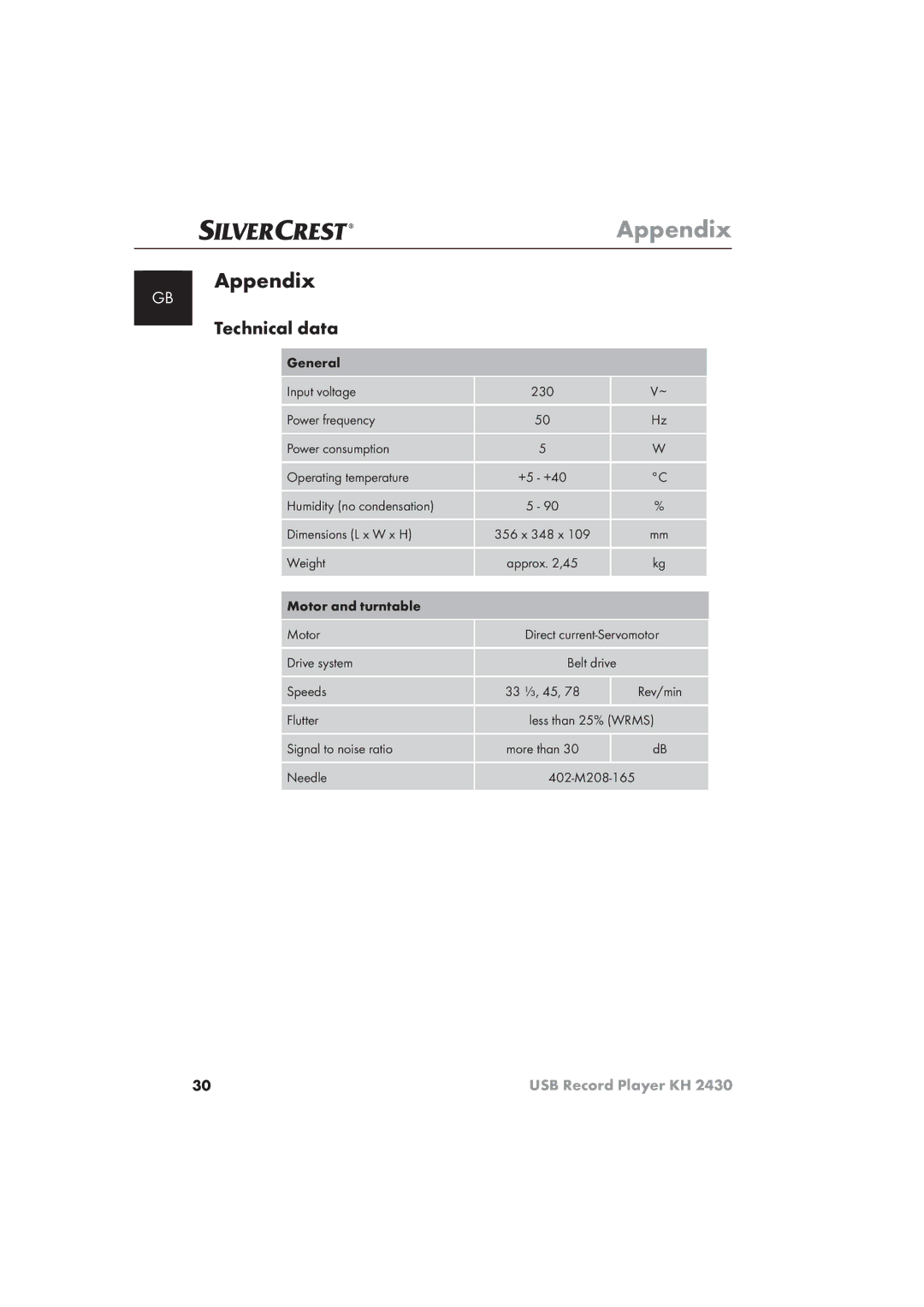 Silvercrest KH 2430 manual Appendix, Technical data 