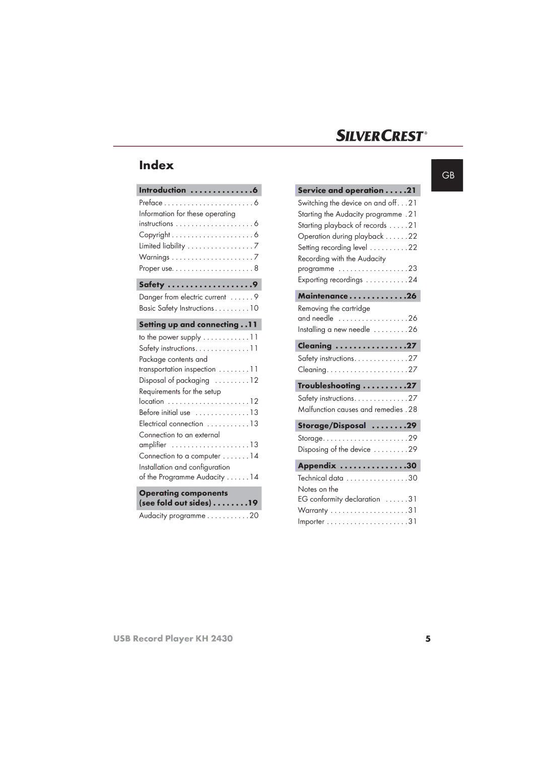 Silvercrest KH 2430 manual Index, Programme Audacity Operating components, Maintenance Removing the cartridge 