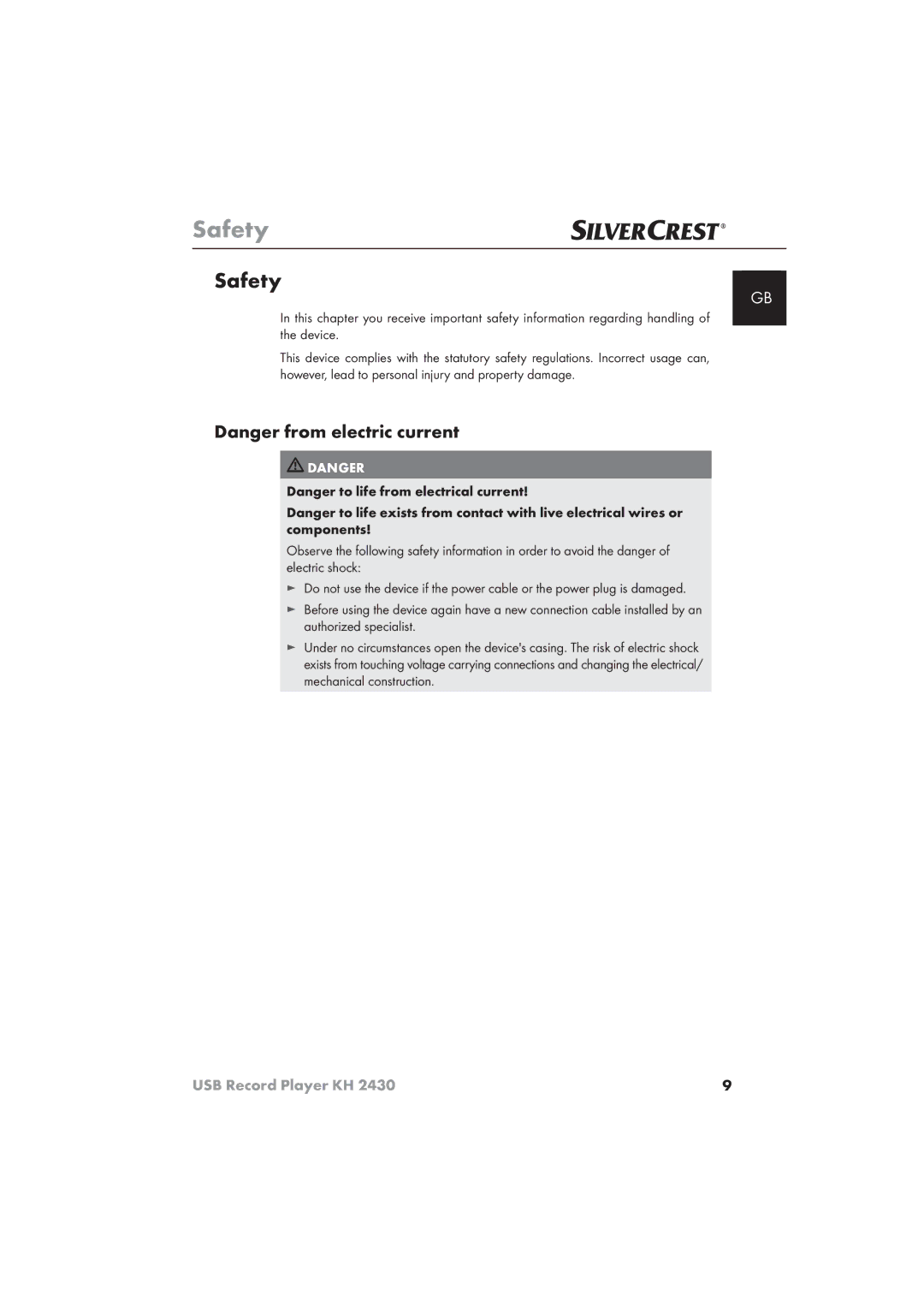 Silvercrest KH 2430 manual Safety 