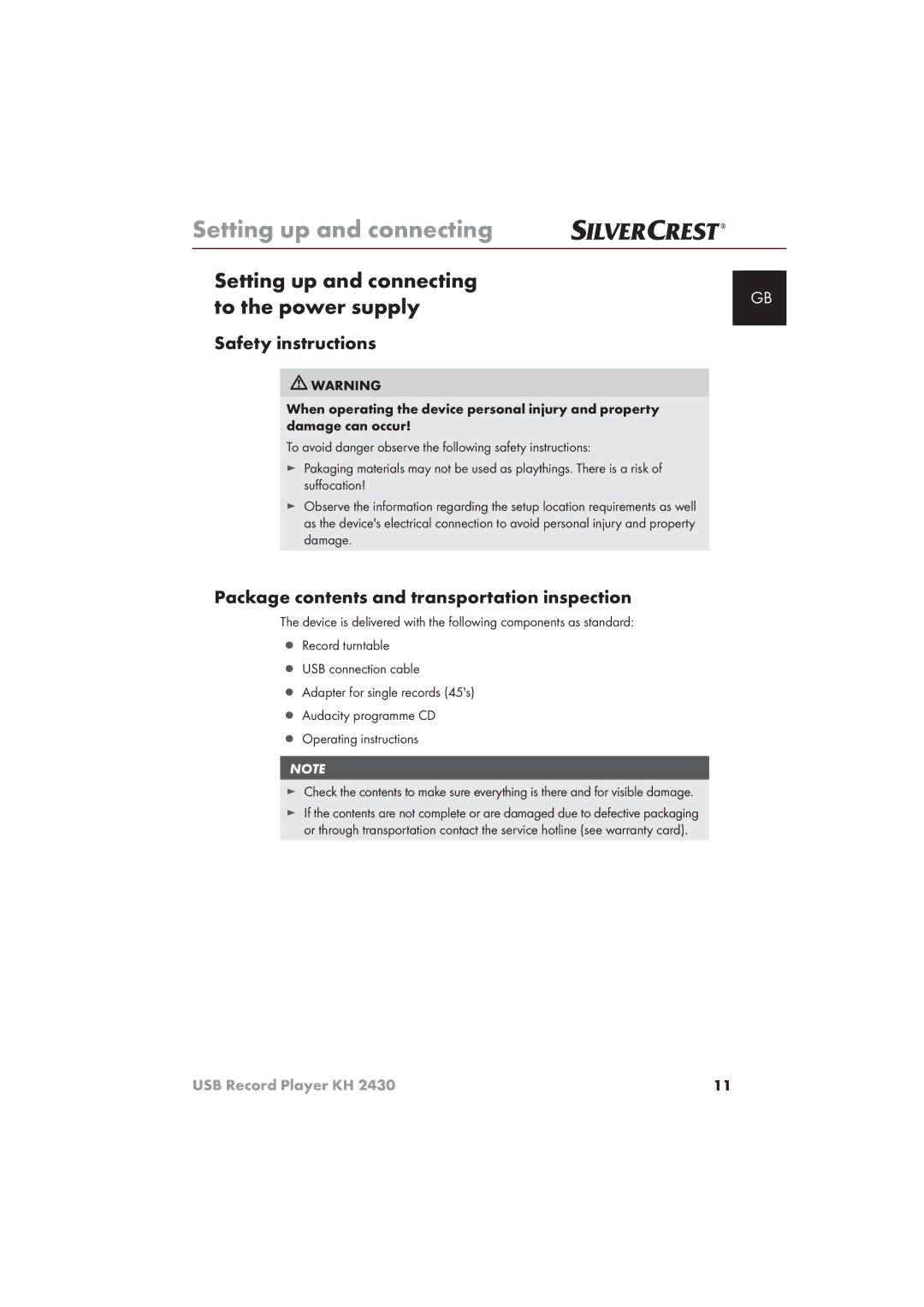 Silvercrest KH 2430 manual Setting up and connecting To the power supply, Safety instructions 