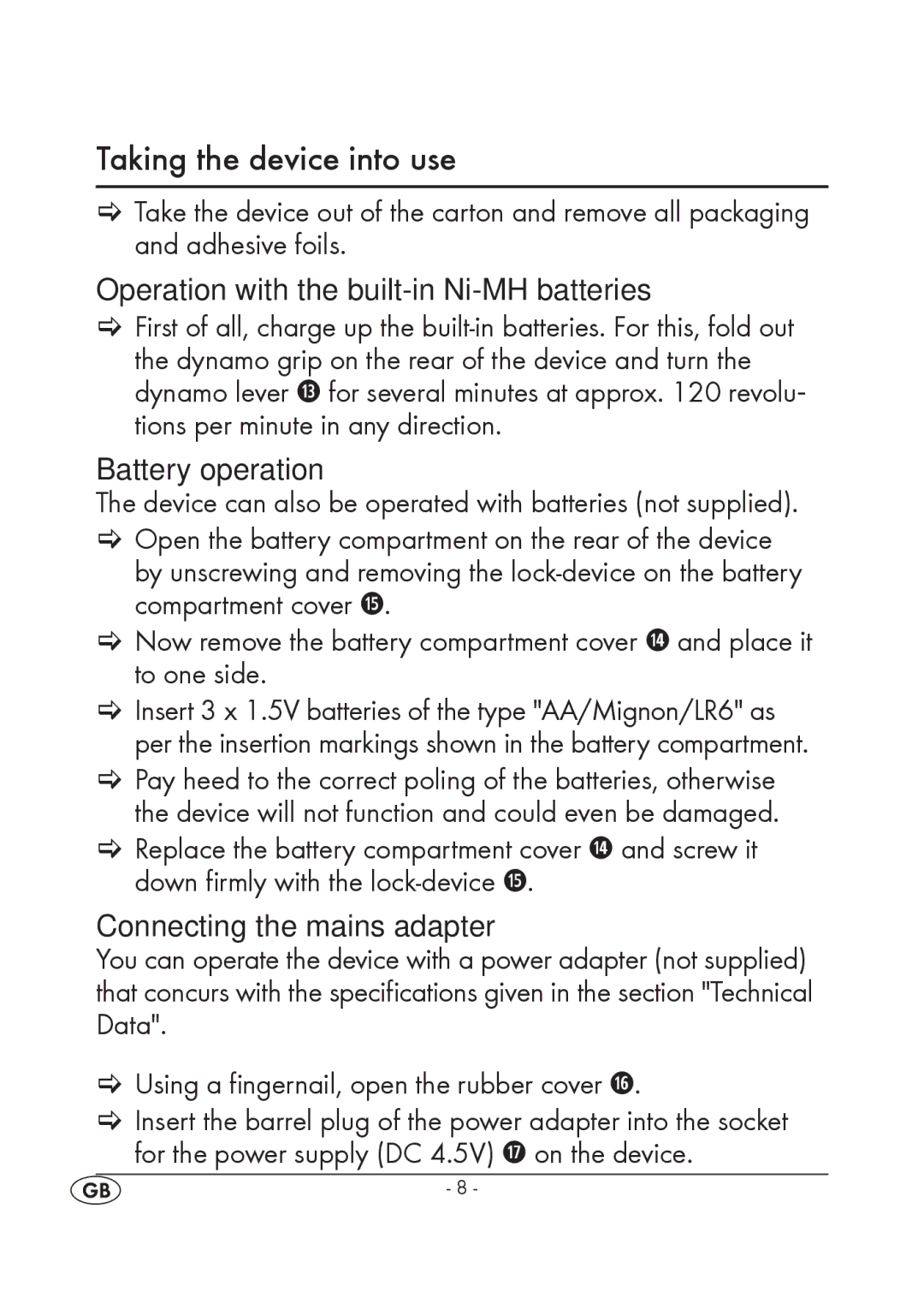 Silvercrest KH 245 manual Taking the device into use, Battery operation 