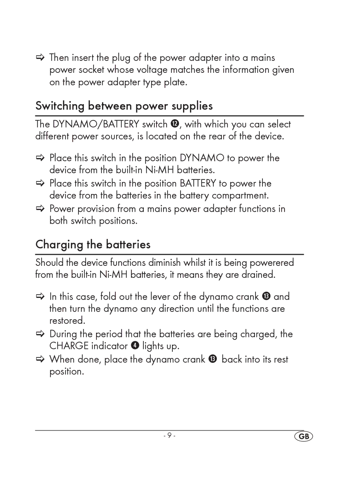 Silvercrest KH 245 manual Switching between power supplies, Charging the batteries 