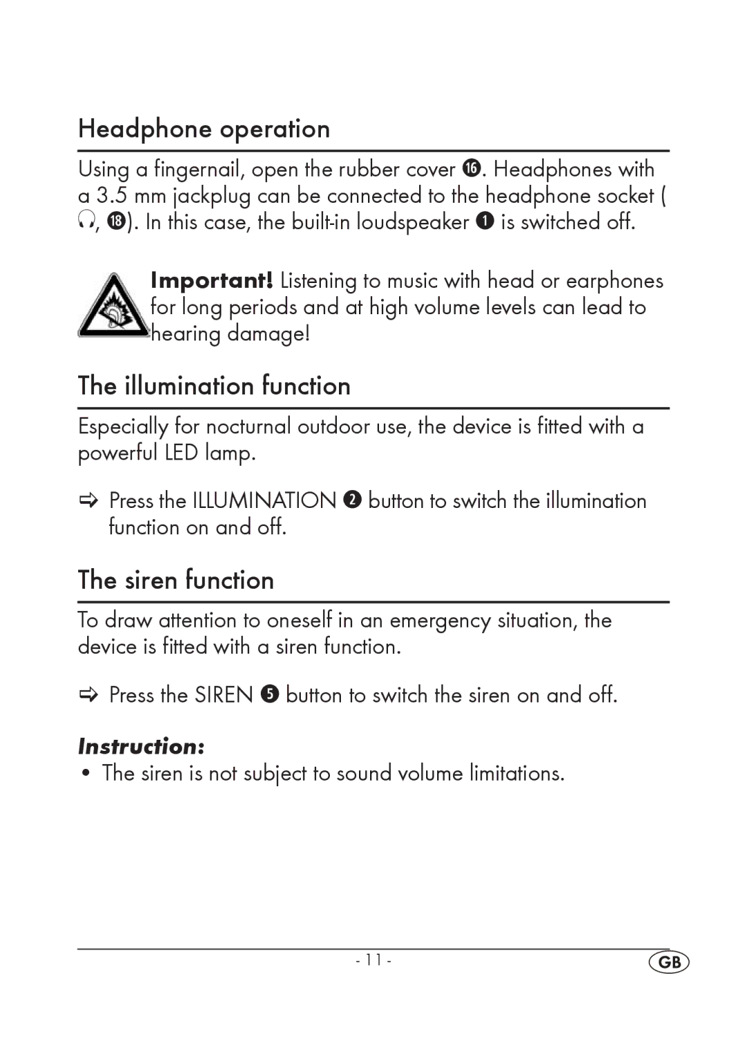 Silvercrest KH 245 manual Headphone operation, Illumination function, Siren function, Instruction 