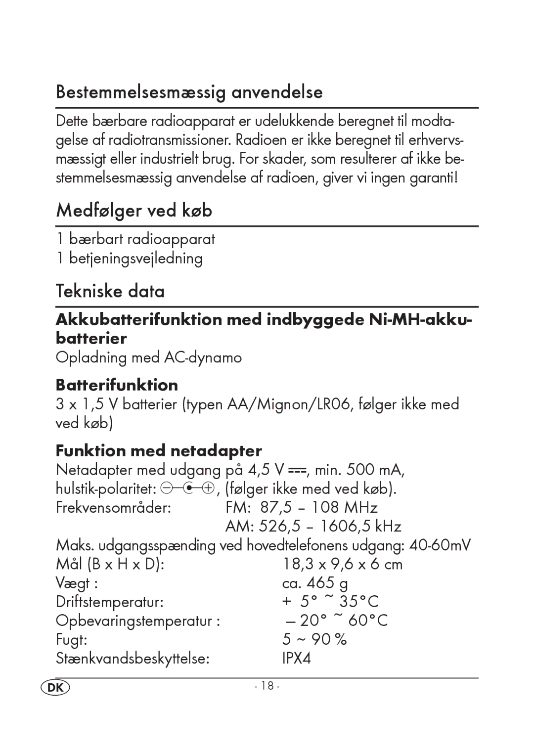 Silvercrest KH 245 manual Bestemmelsesmæssig anvendelse, Medfølger ved køb, Tekniske data 