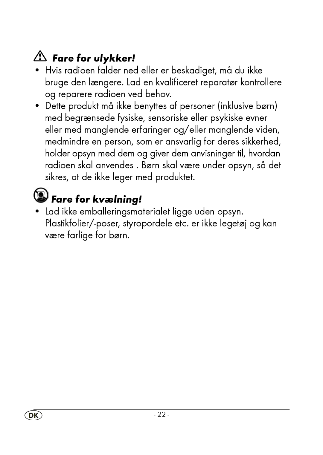 Silvercrest KH 245 manual Fare for ulykker, Fare for kvælning 