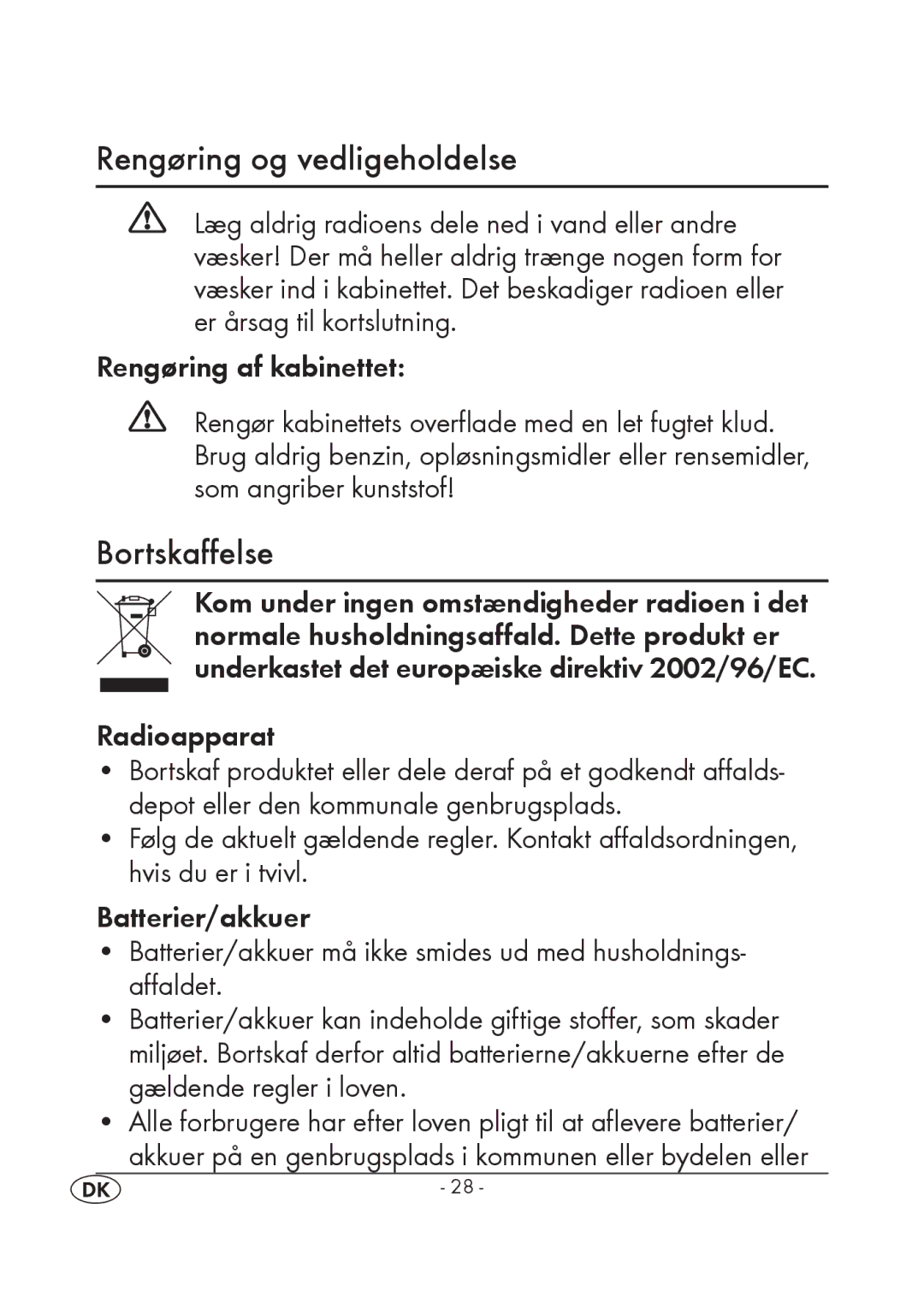 Silvercrest KH 245 manual Rengøring og vedligeholdelse, Bortskaffelse, Radioapparat 