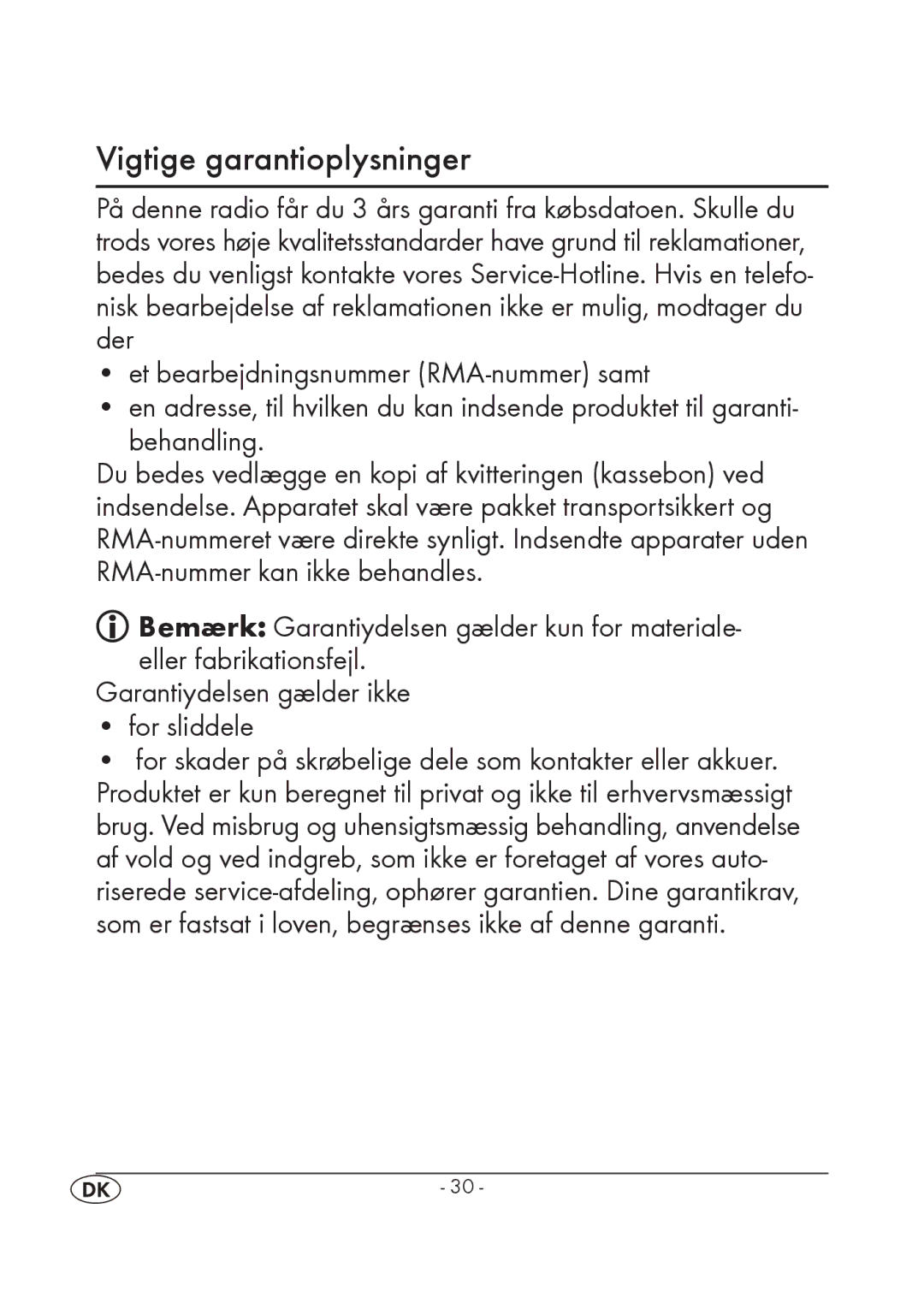 Silvercrest KH 245 manual Vigtige garantioplysninger, Et bearbejdningsnummer RMA-nummer samt, Behandling 