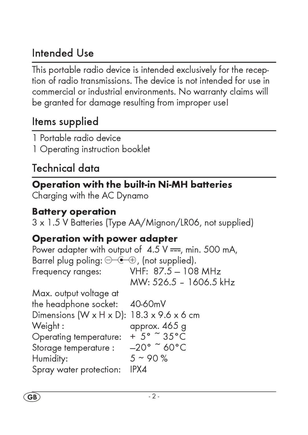 Silvercrest KH 245 manual Intended Use, Items supplied, Technical data 