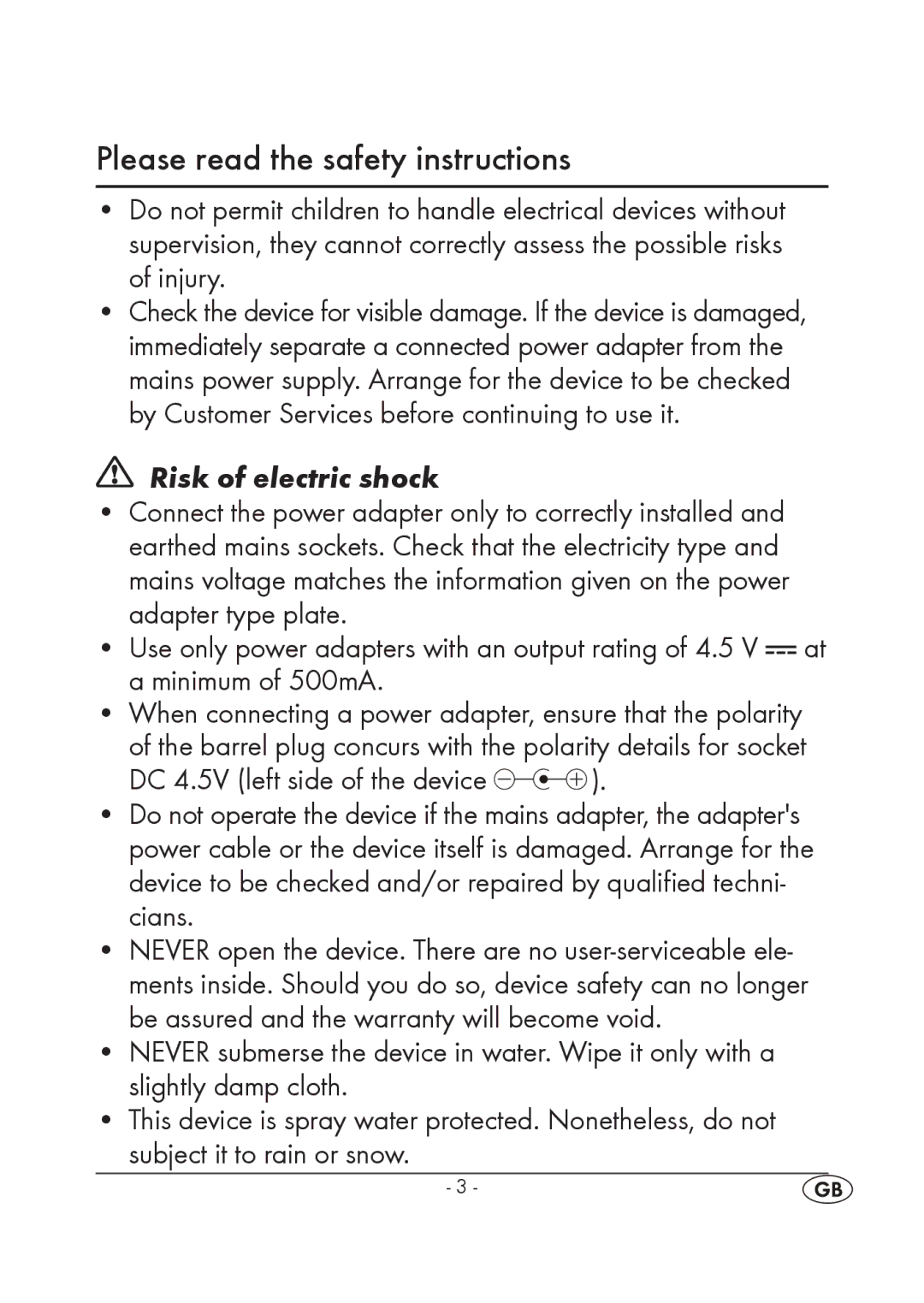 Silvercrest KH 245 manual Please read the safety instructions, Risk of electric shock, Subject it to rain or snow 