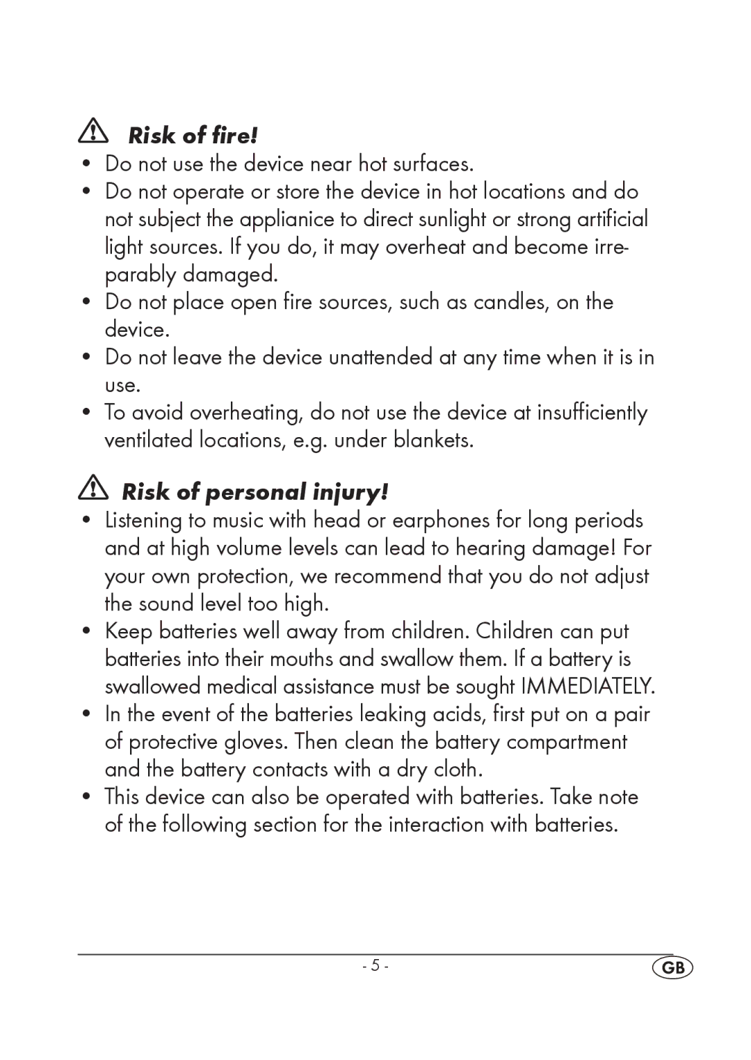 Silvercrest KH 245 manual Risk of fire, Risk of personal injury 