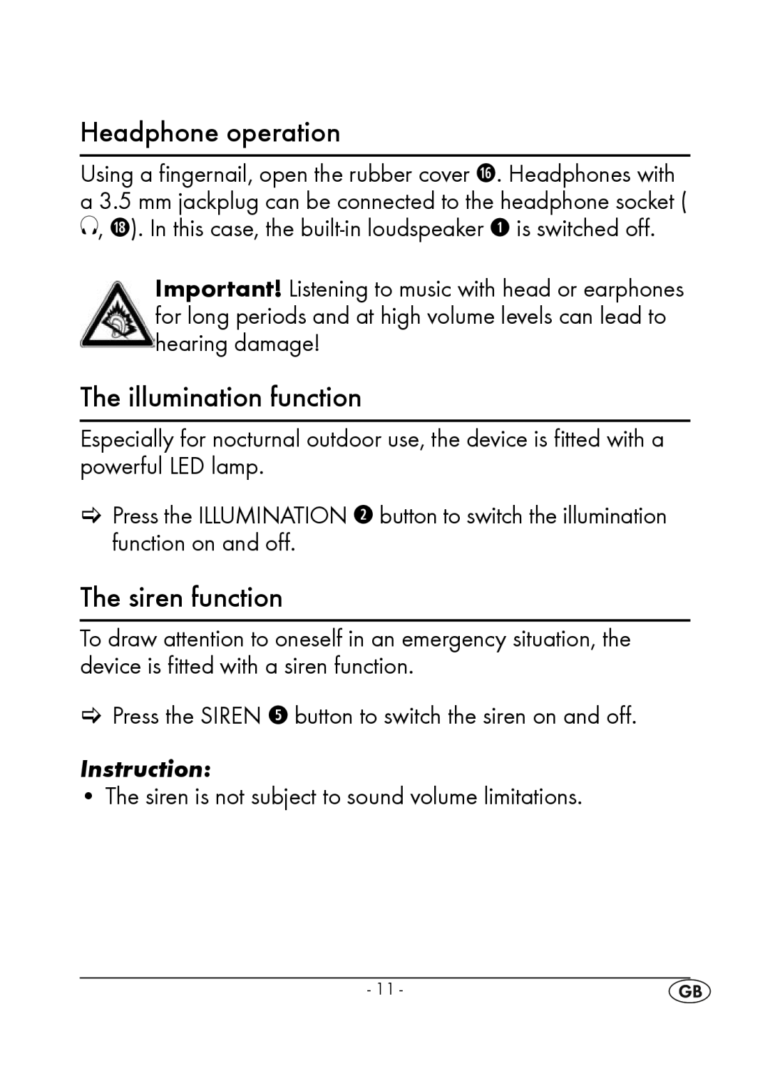 Silvercrest KH 245 manual Headphone operation, The illumination function, The siren function, Instruction 
