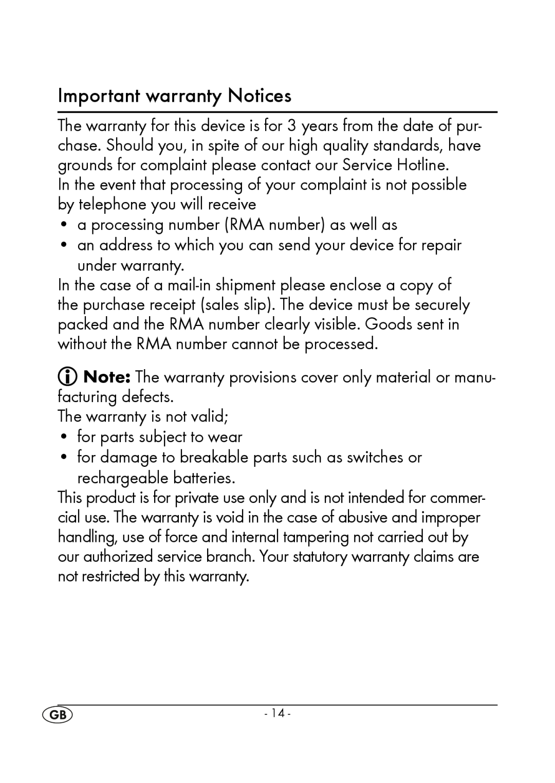 Silvercrest KH 245 manual Important warranty Notices 