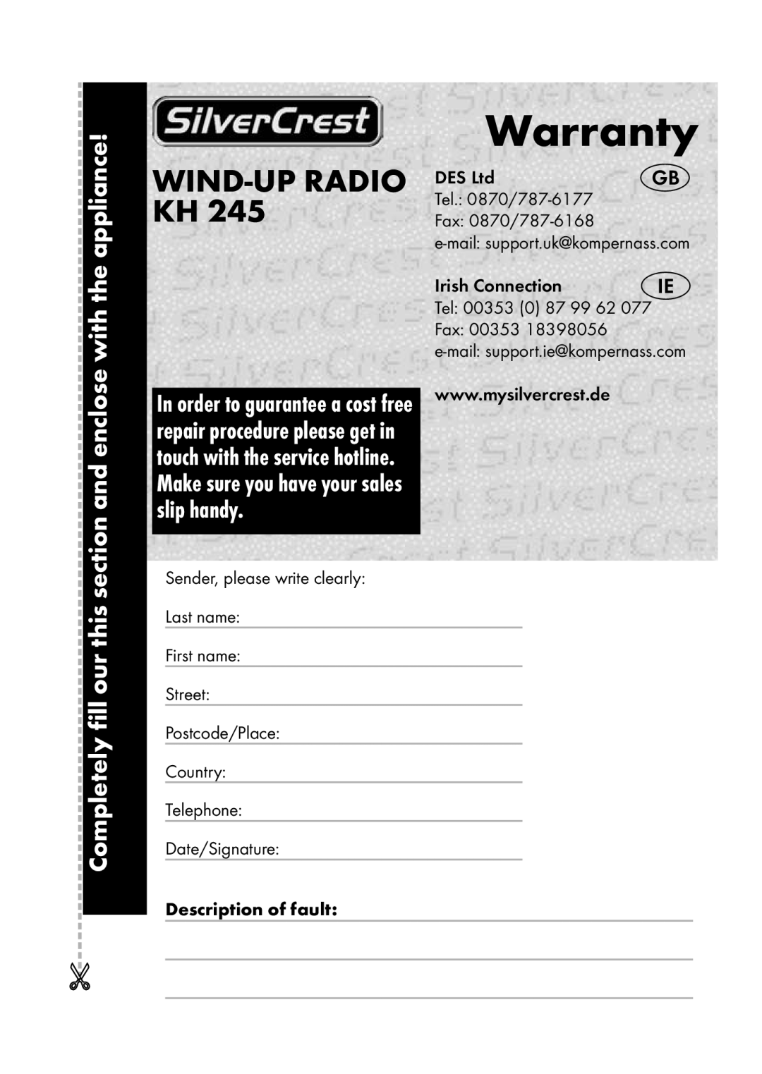 Silvercrest KH 245 manual Warranty, Wind-Up, Radio Des 