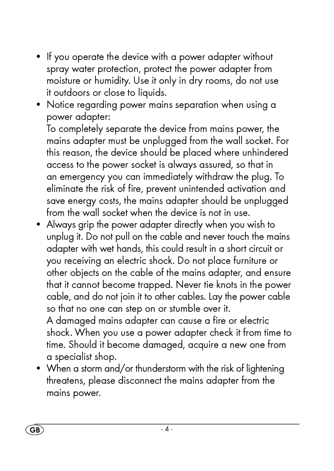 Silvercrest KH 245 manual Notice regarding power mains separation when using a power adapter 