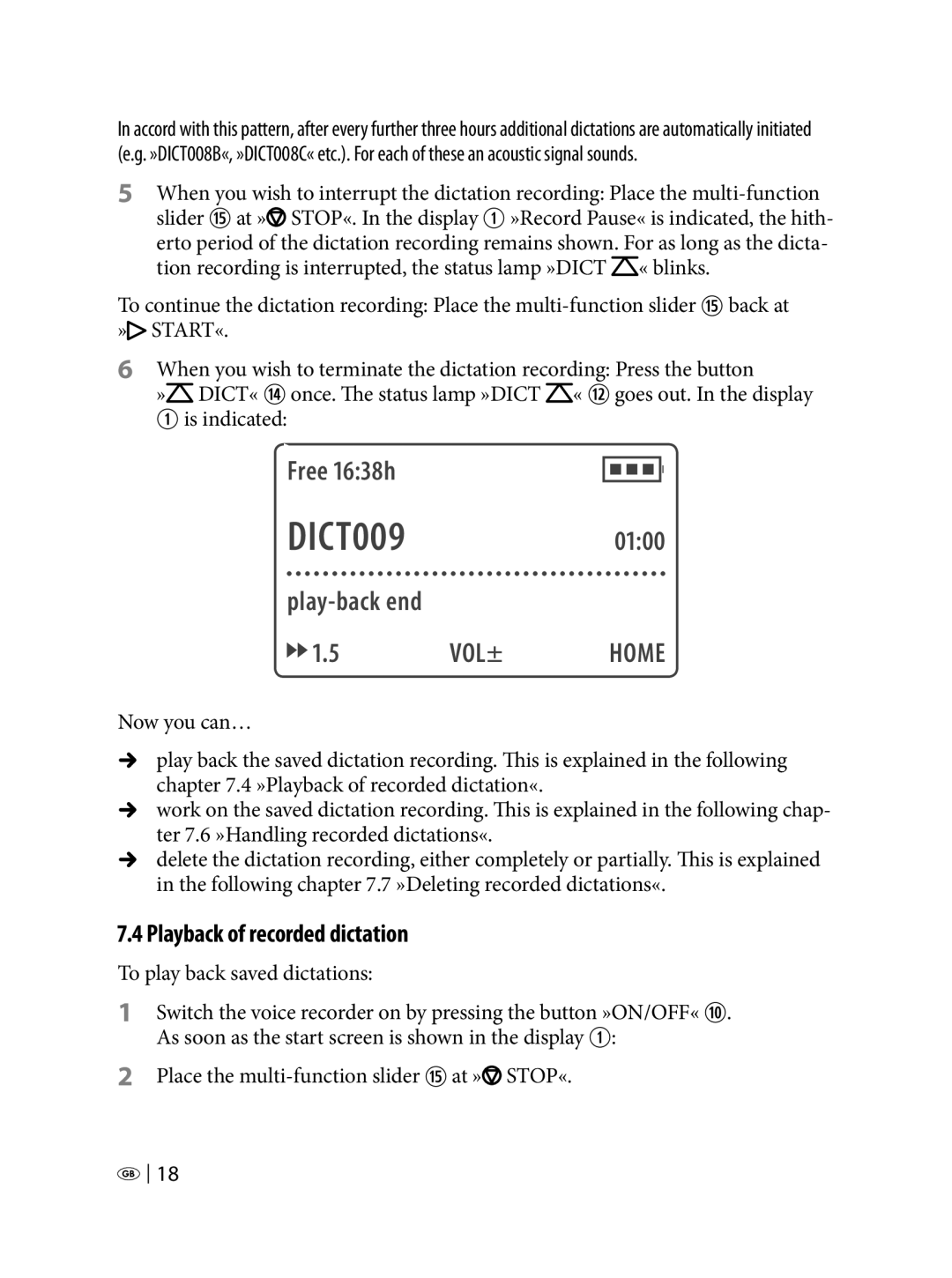 Silvercrest KH 2450 manual DICT0090100, Free 1638h, Play-back end VOL± Home, Playback of recorded dictation 