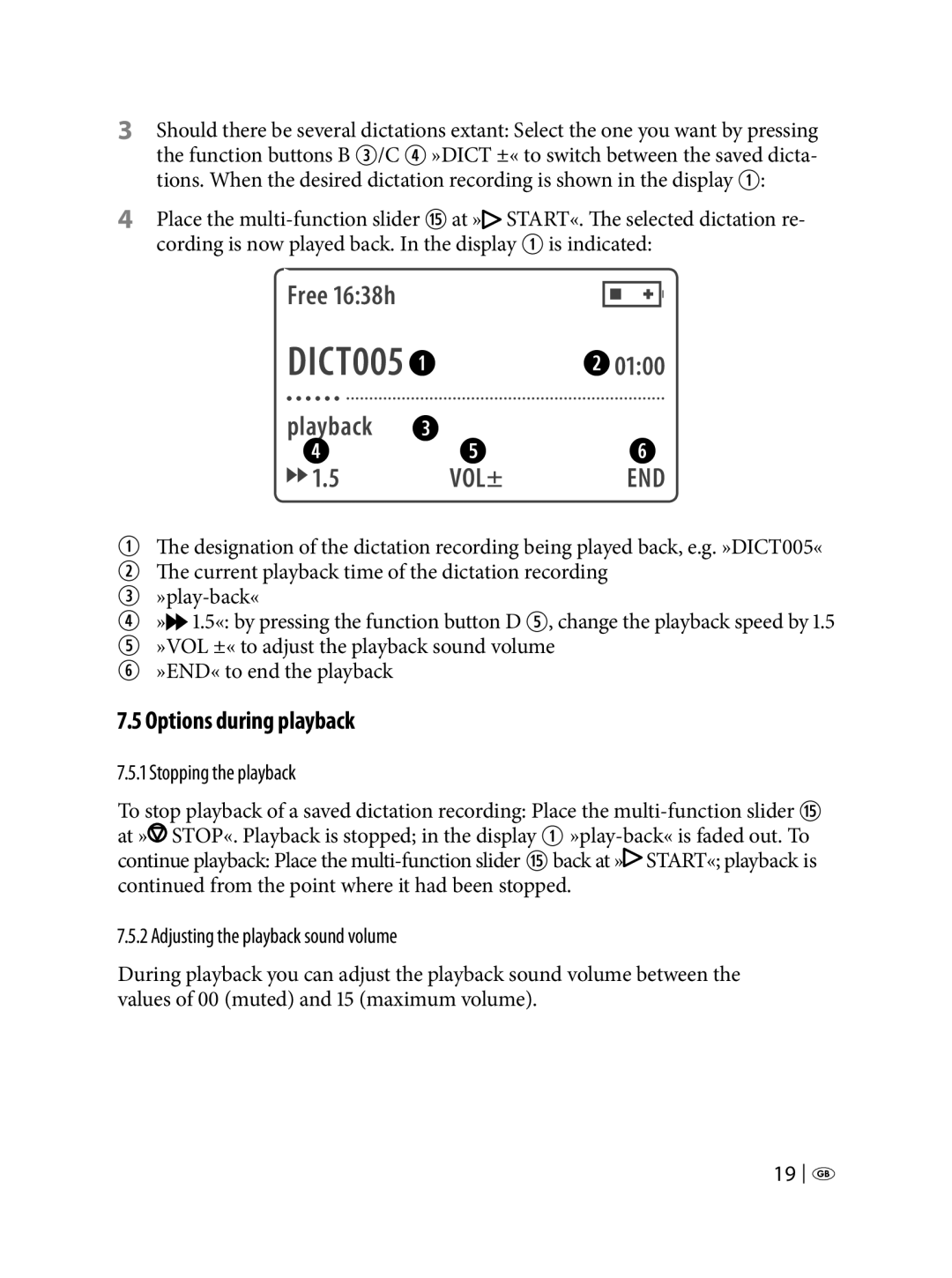 Silvercrest KH 2450 manual DICT005 Q, Playback, Options during playback, Stopping the playback 