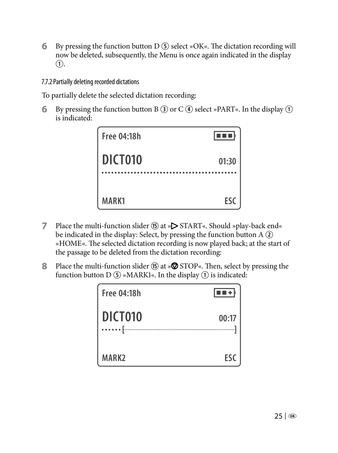 Silvercrest KH 2450 manual DICT0100130, DICT0100017, Free 0418h, Partially deleting recorded dictations 