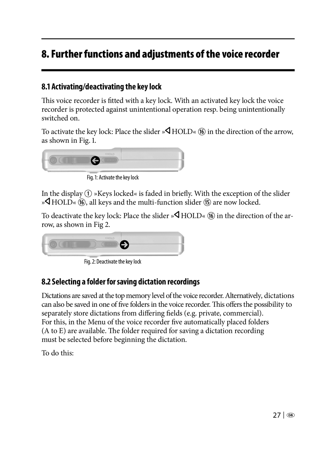 Silvercrest KH 2450 manual Activating/deactivating the key lock, Selecting a folder for saving dictation recordings 