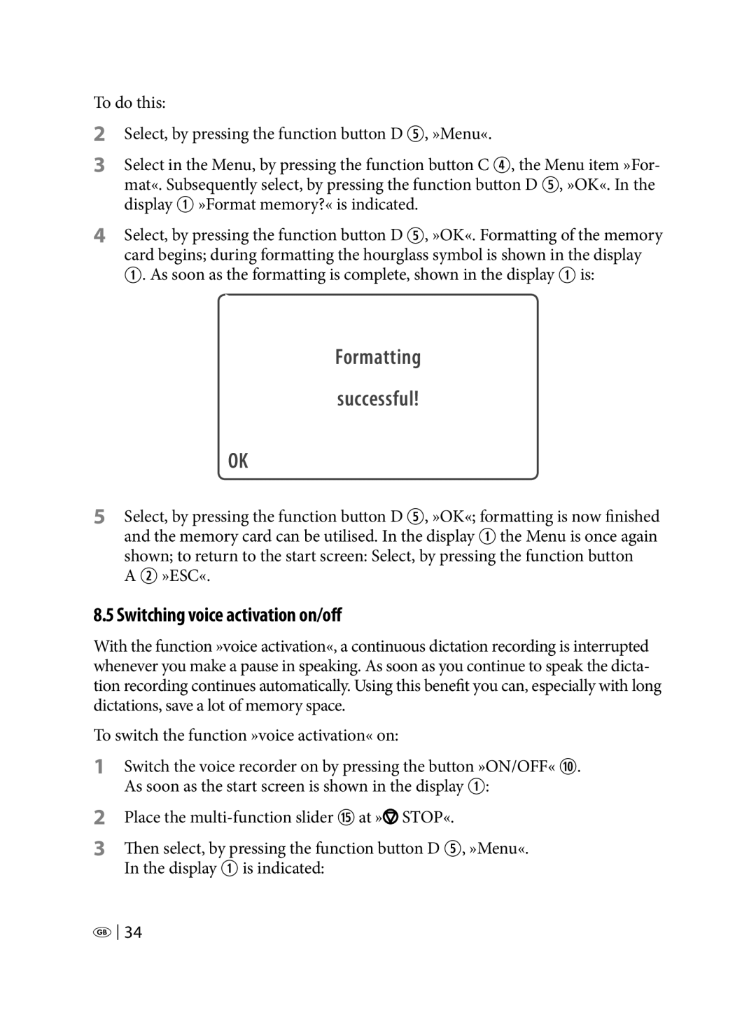 Silvercrest KH 2450 manual Formatting Successful, Switching voice activation on/off 