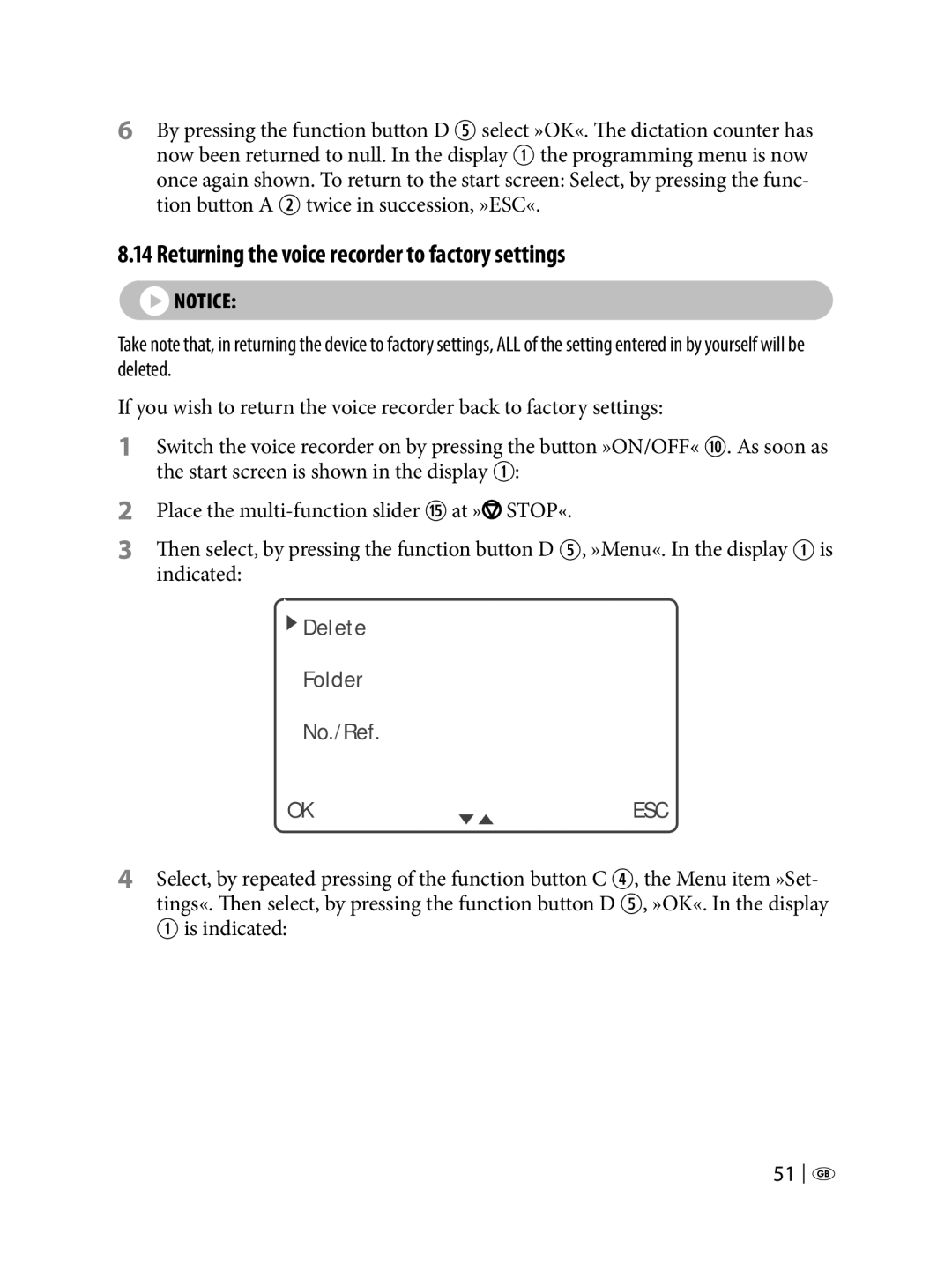 Silvercrest KH 2450 manual Returning the voice recorder to factory settings 