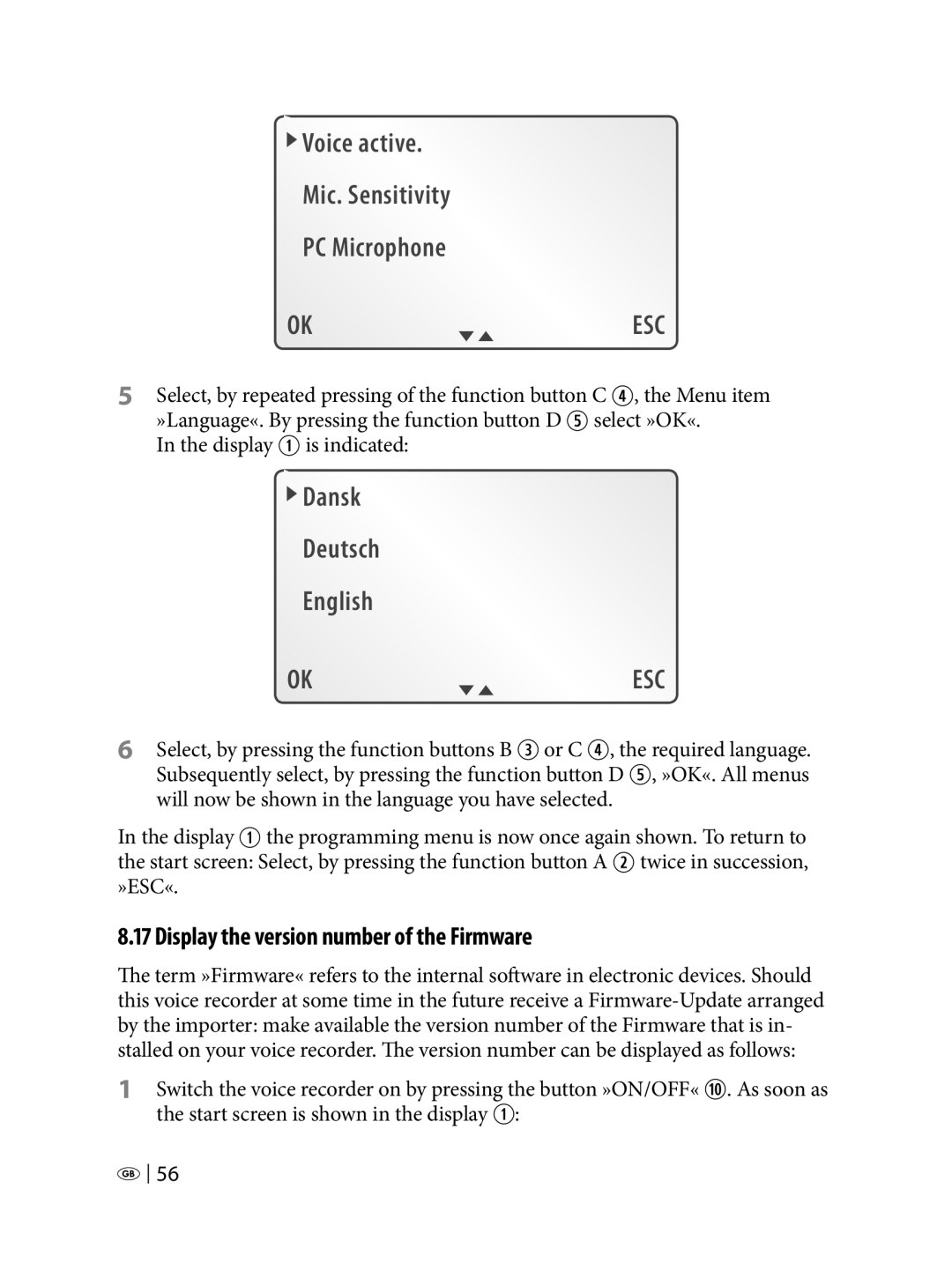 Silvercrest KH 2450 manual Dansk Deutsch English, Display the version number of the Firmware 