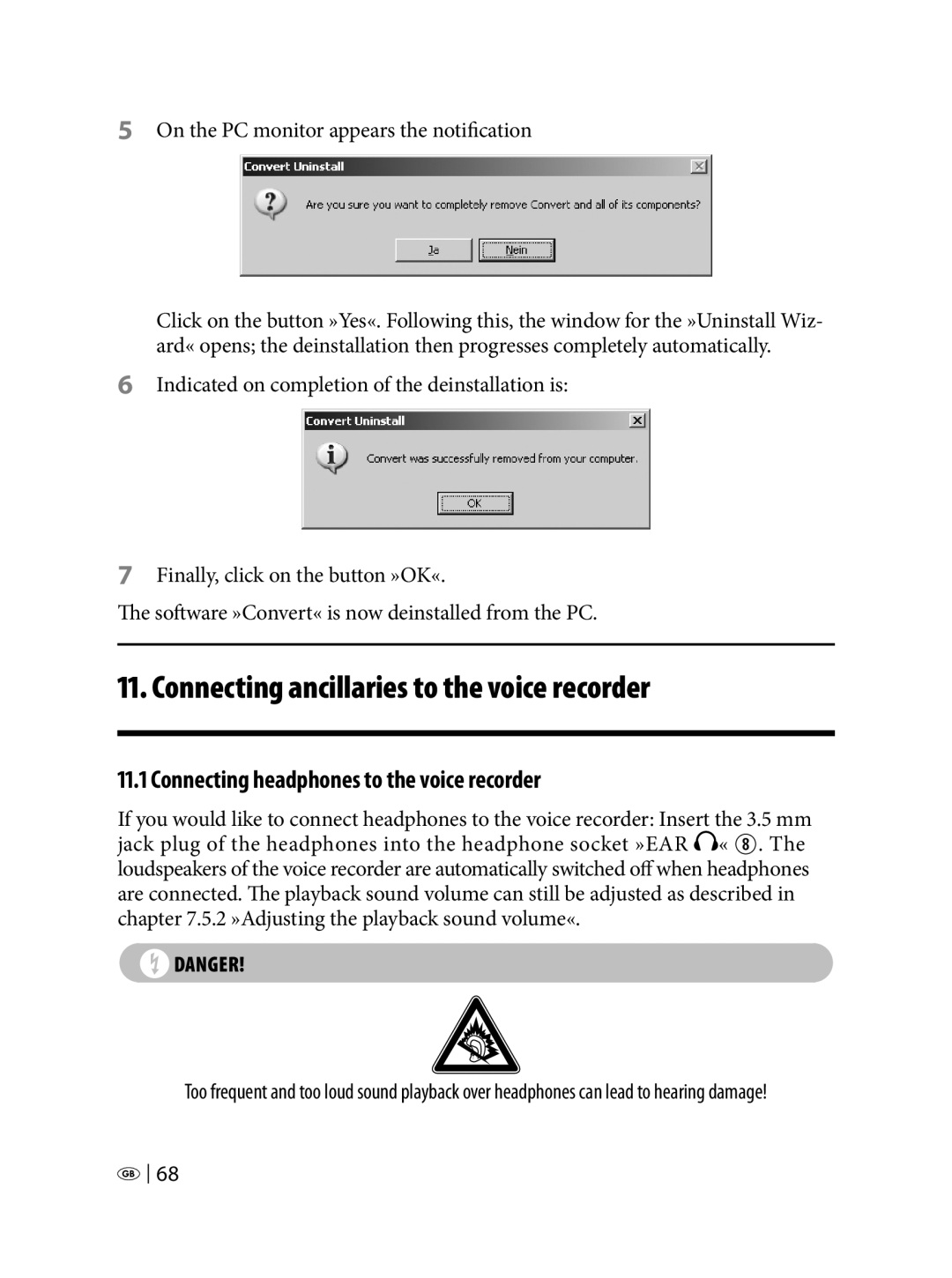 Silvercrest KH 2450 manual Connecting ancillaries to the voice recorder, Connecting headphones to the voice recorder 