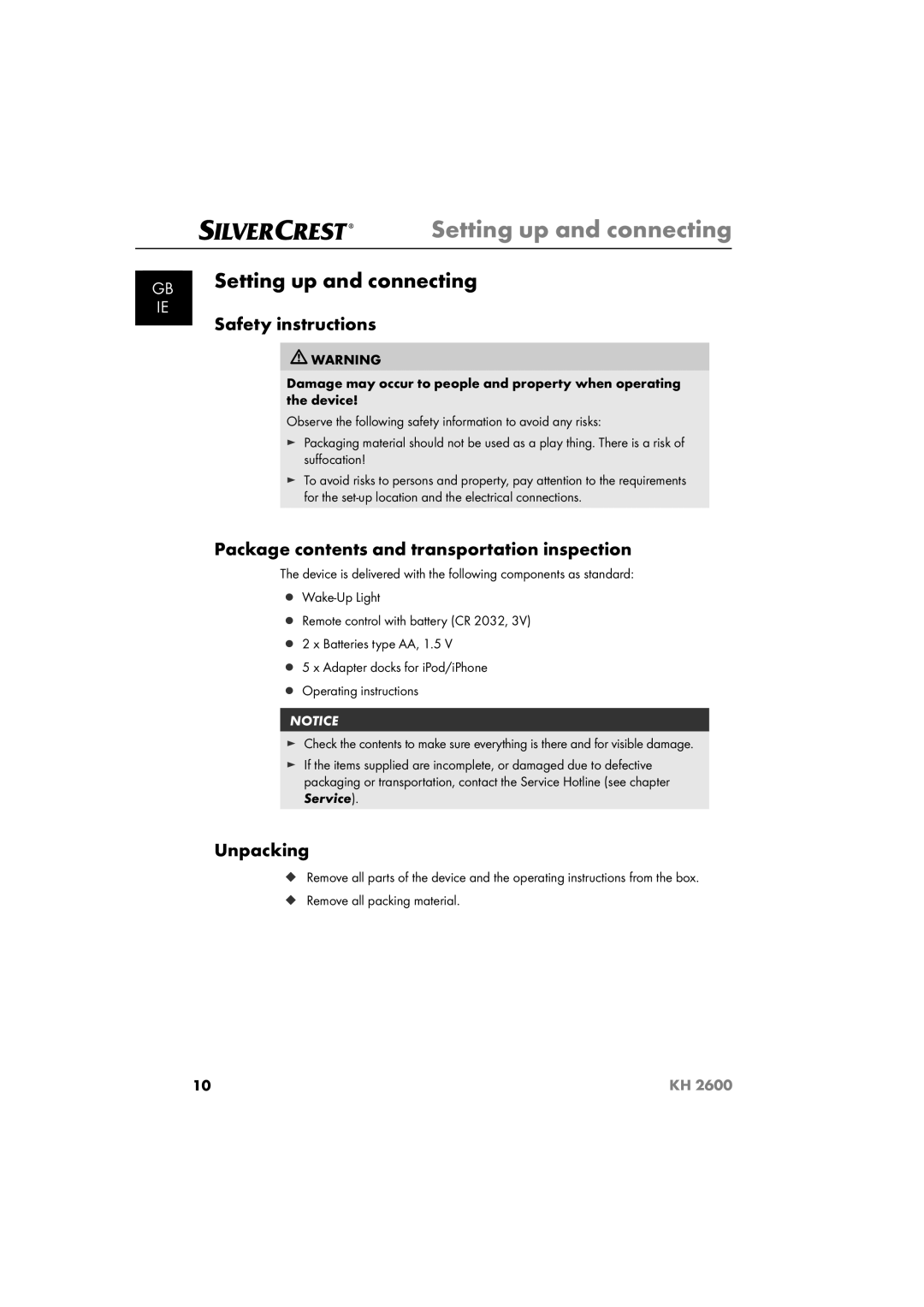 Silvercrest KH 2600 manual Setting up and connecting, Safety instructions, Package contents and transportation inspection 