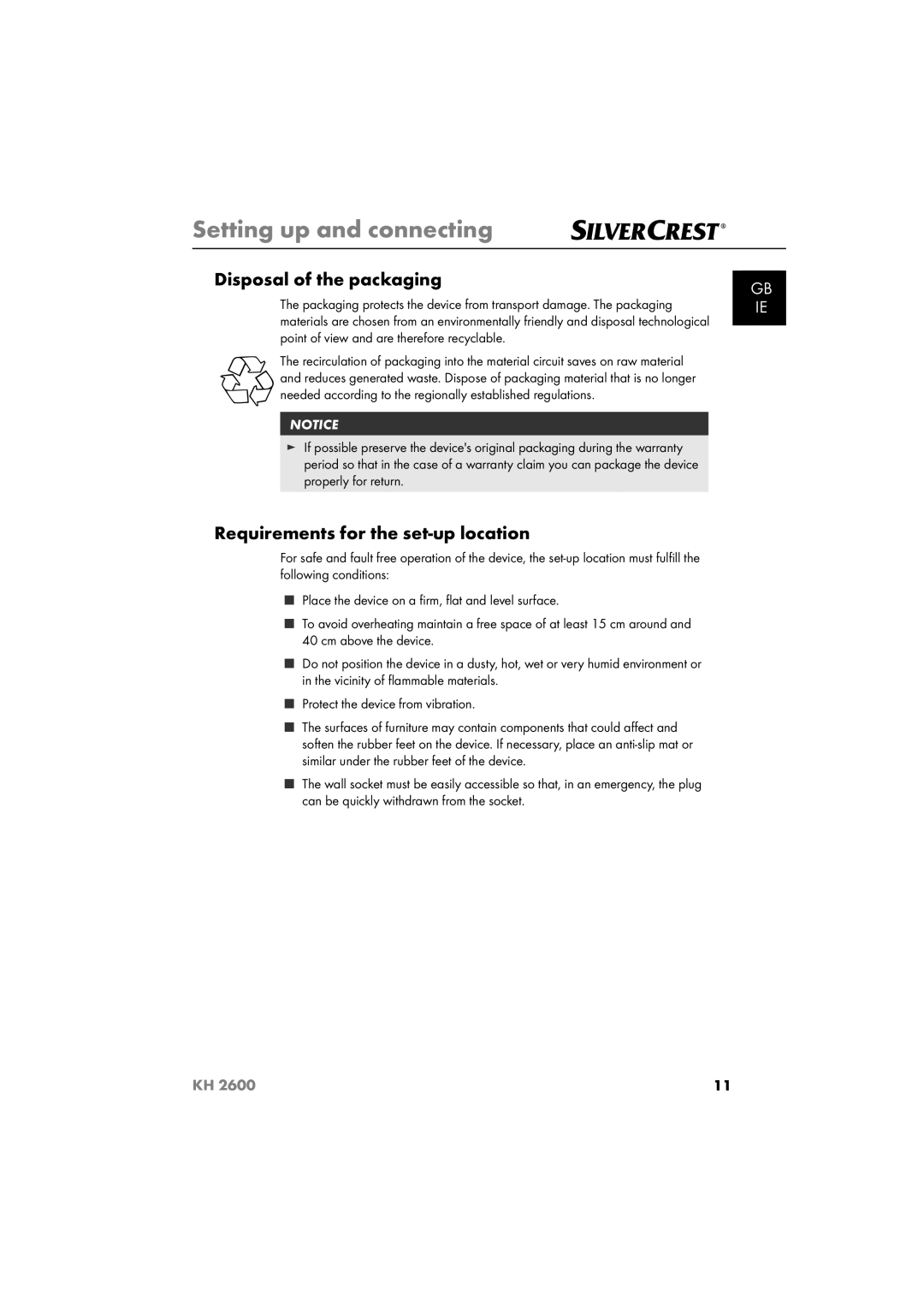 Silvercrest KH 2600 manual Disposal of the packaging, Requirements for the set-up location 