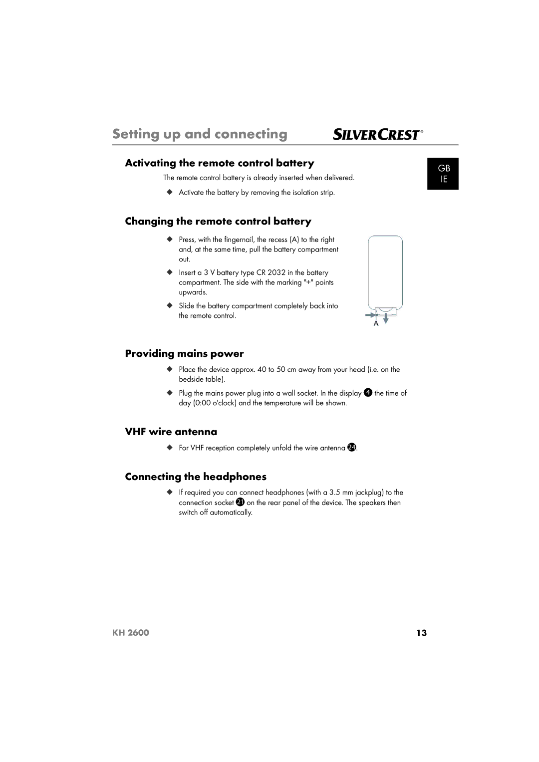 Silvercrest KH 2600 Activating the remote control battery, Changing the remote control battery, Providing mains power 