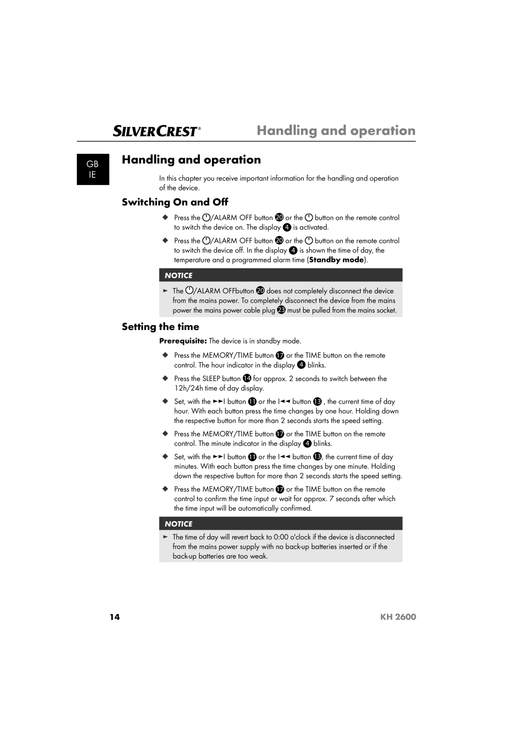 Silvercrest KH 2600 manual Handling and operation, Switching On and Oﬀ, Setting the time 
