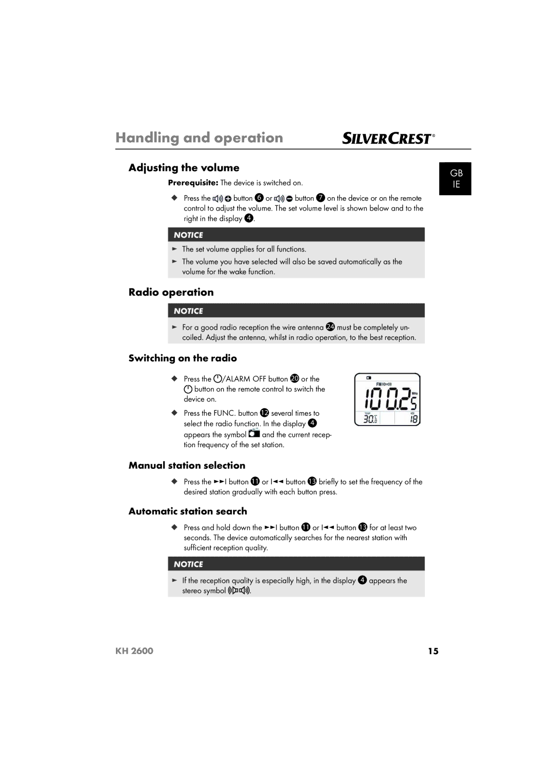 Silvercrest KH 2600 manual Adjusting the volume, Radio operation, Switching on the radio, Manual station selection 