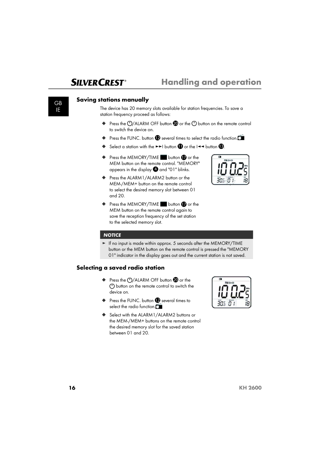 Silvercrest KH 2600 Saving stations manually, Selecting a saved radio station 