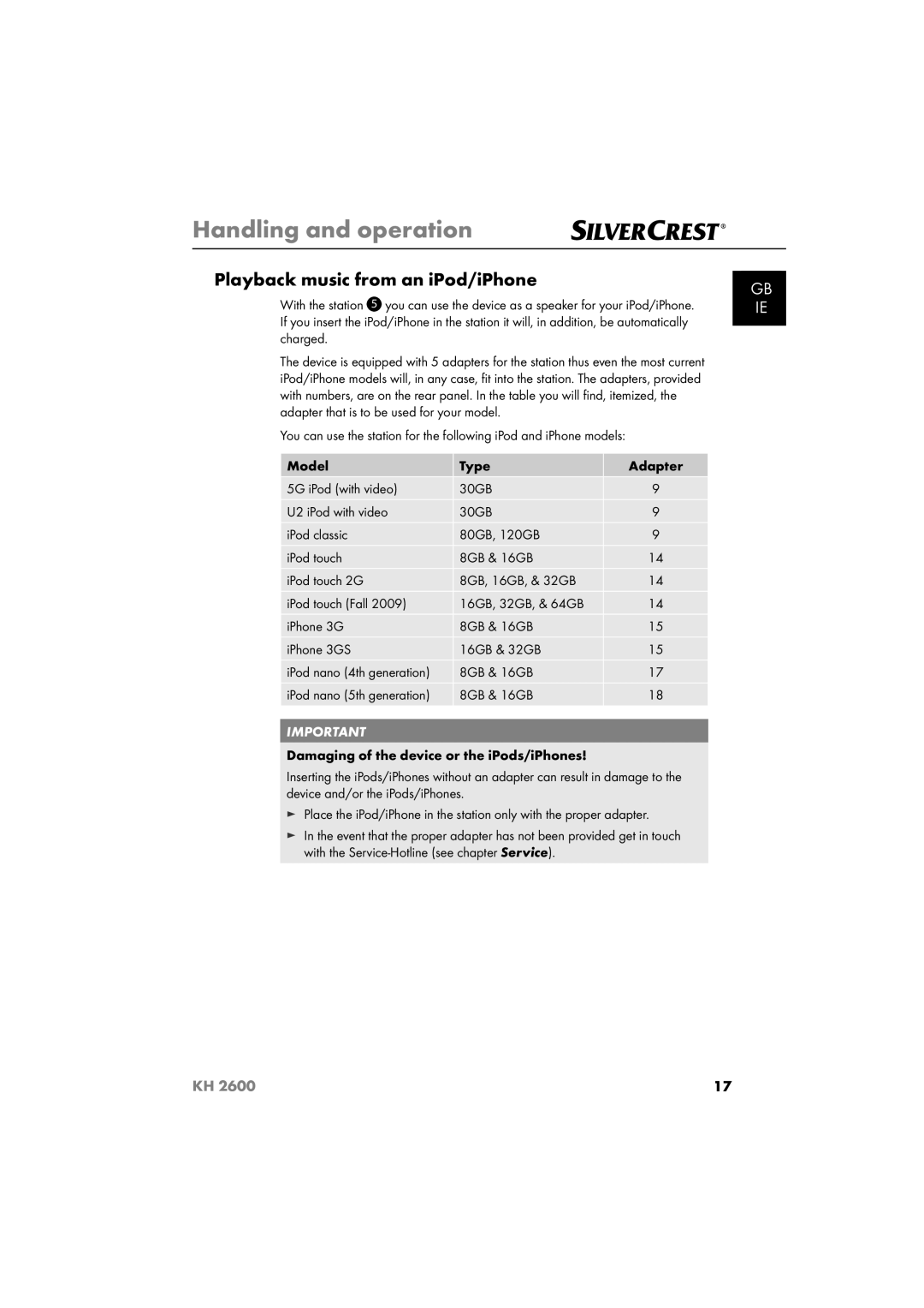 Silvercrest KH 2600 manual Playback music from an iPod/iPhone 