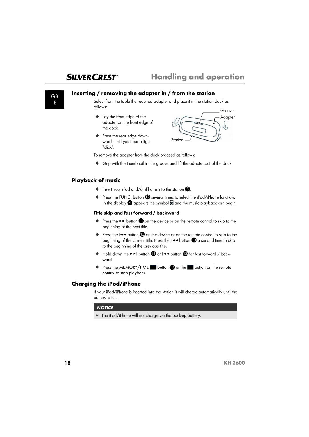 Silvercrest KH 2600 Inserting / removing the adapter in / from the station, Playback of music, Charging the iPod/iPhone 