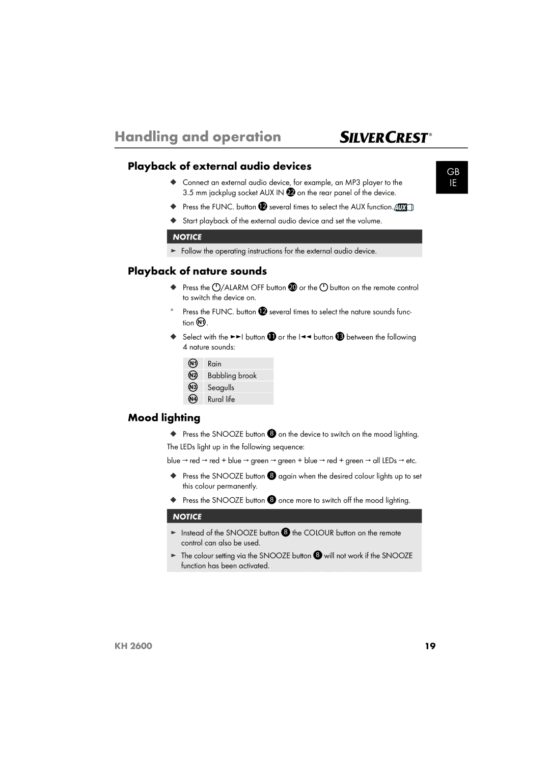 Silvercrest KH 2600 manual Playback of external audio devices, Playback of nature sounds, Mood lighting, Tion 