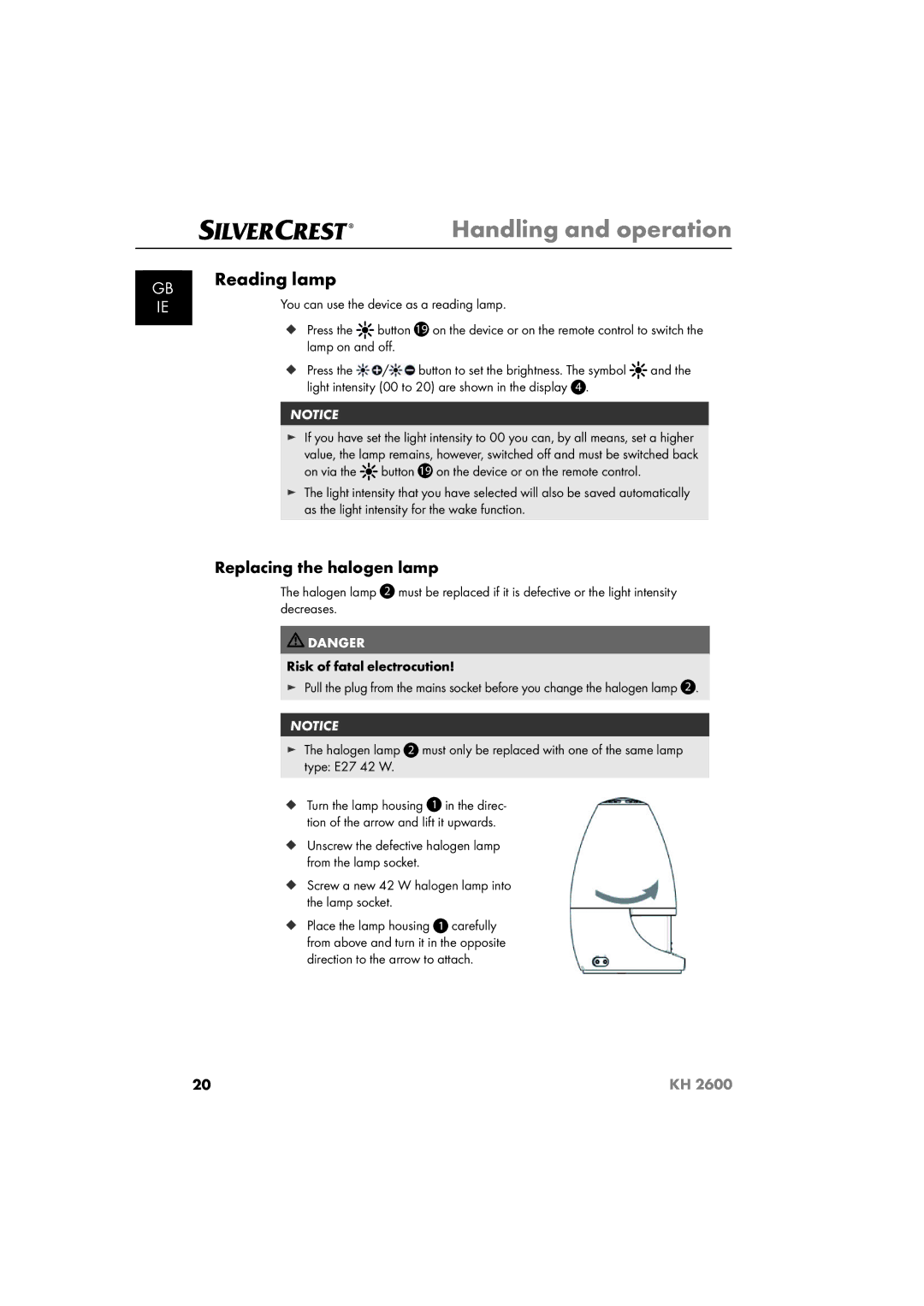 Silvercrest KH 2600 manual Reading lamp, Replacing the halogen lamp 