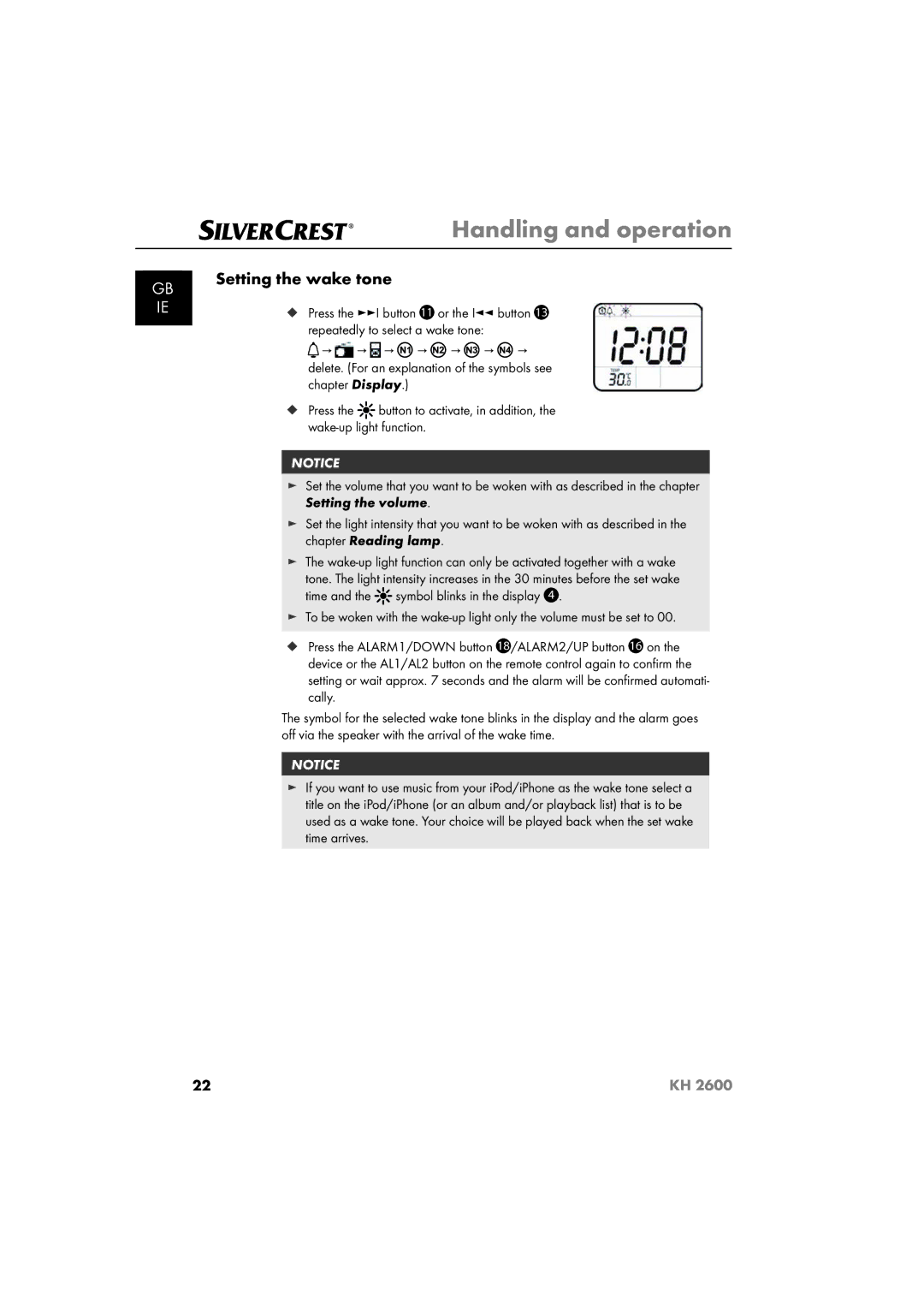 Silvercrest KH 2600 manual Setting the wake tone 