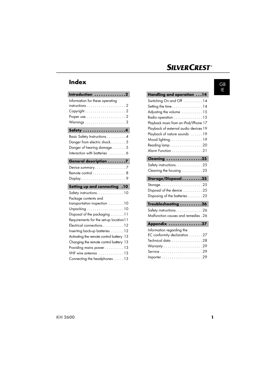 Silvercrest KH 2600 manual Index, Introduction, Appendix Information regarding 