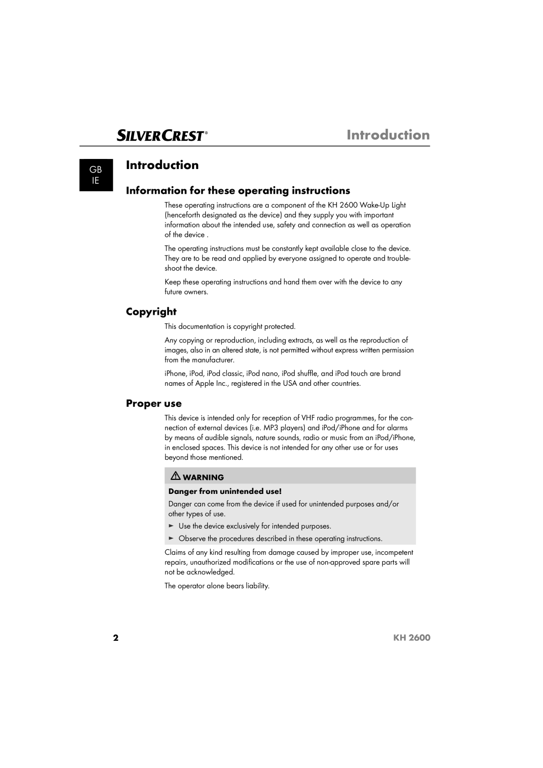 Silvercrest KH 2600 manual Introduction, Information for these operating instructions, Copyright, Proper use 