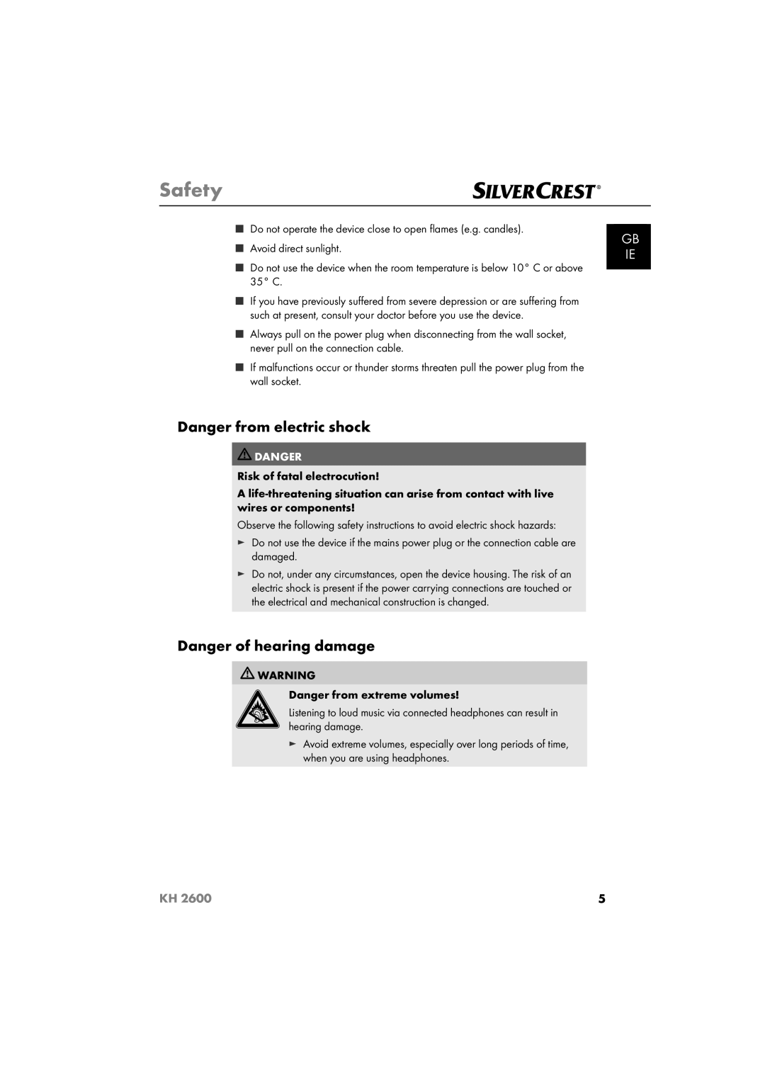 Silvercrest KH 2600 manual Safety 