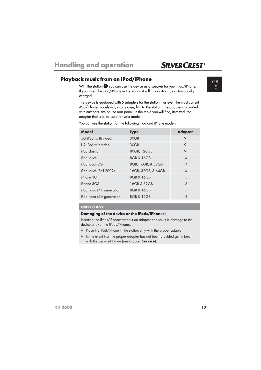 Silvercrest KH 2600 manual Playback music from an iPod/iPhone, Handling and operation, Gb Ie 