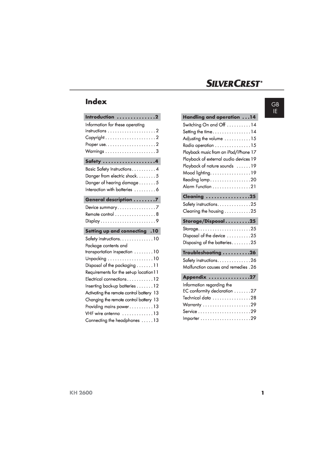 Silvercrest KH 2600 manual Index, Gb Ie 